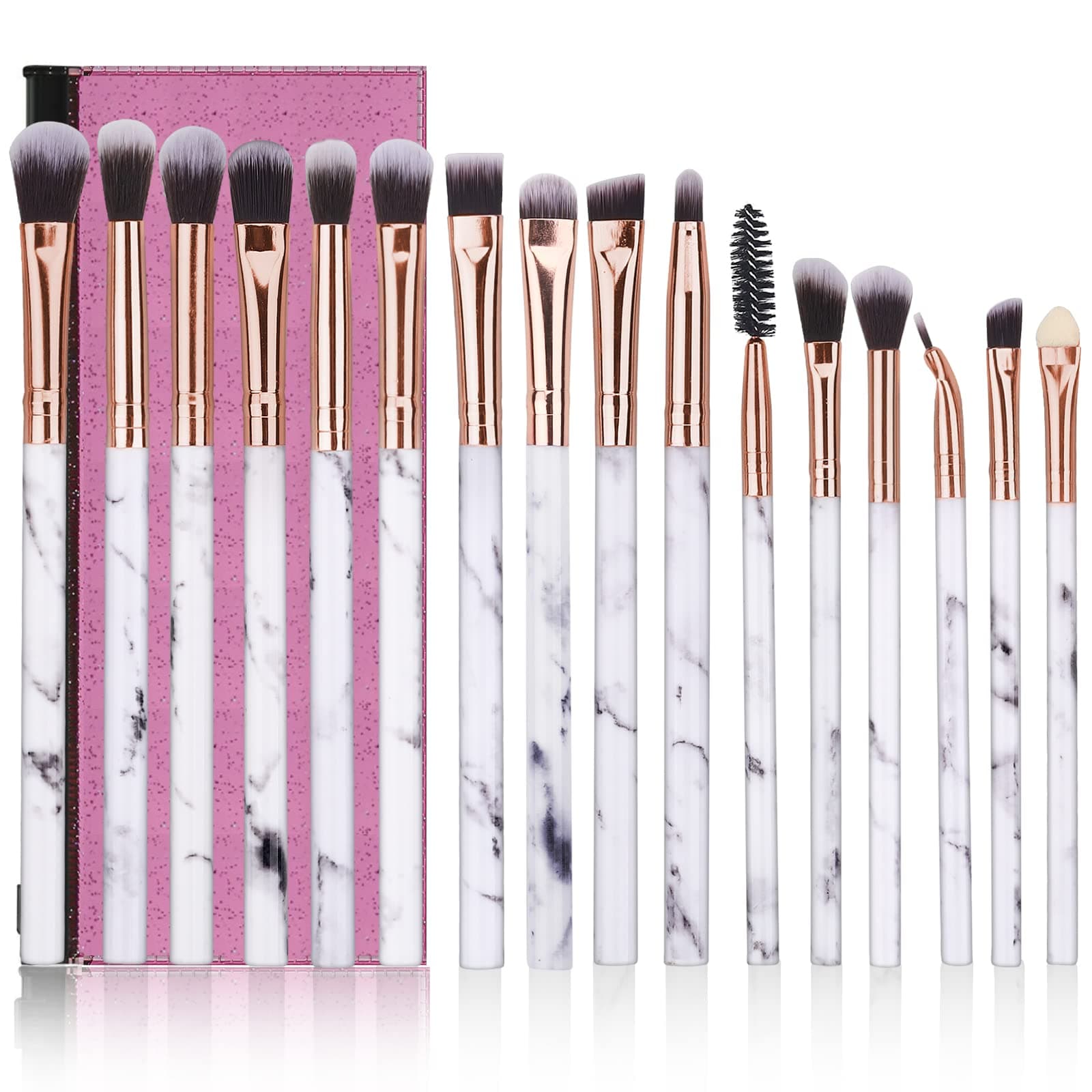 DUAIU Makeup Brushes ALLFY 16Pcs Premium Synthetic Eyeshadow brushes Eyebrow Eyeliner Blending Marble Handle Brushes sets with Pink Cosmetic Bag Eyebrow Tweezers Nose Scissors