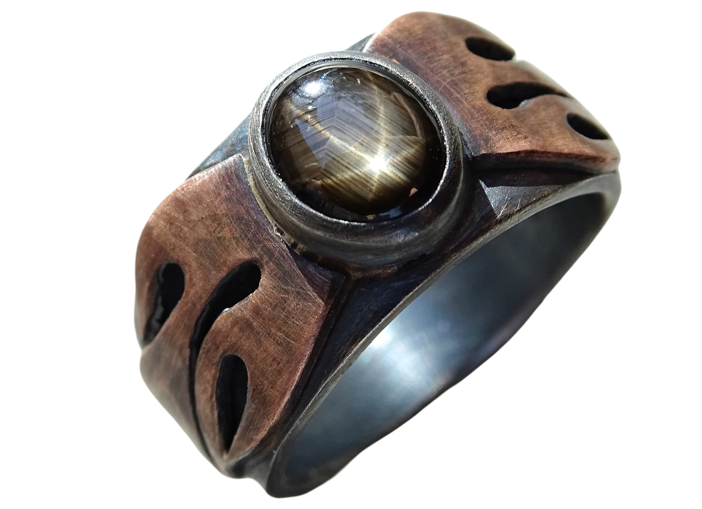 CrazyAss Jewelry Designsunique mens ring black star sapphire, big mens sapphire ring, unique wedding band men mixed metal, silver wedding ring rustic, cool mens ring two tone
