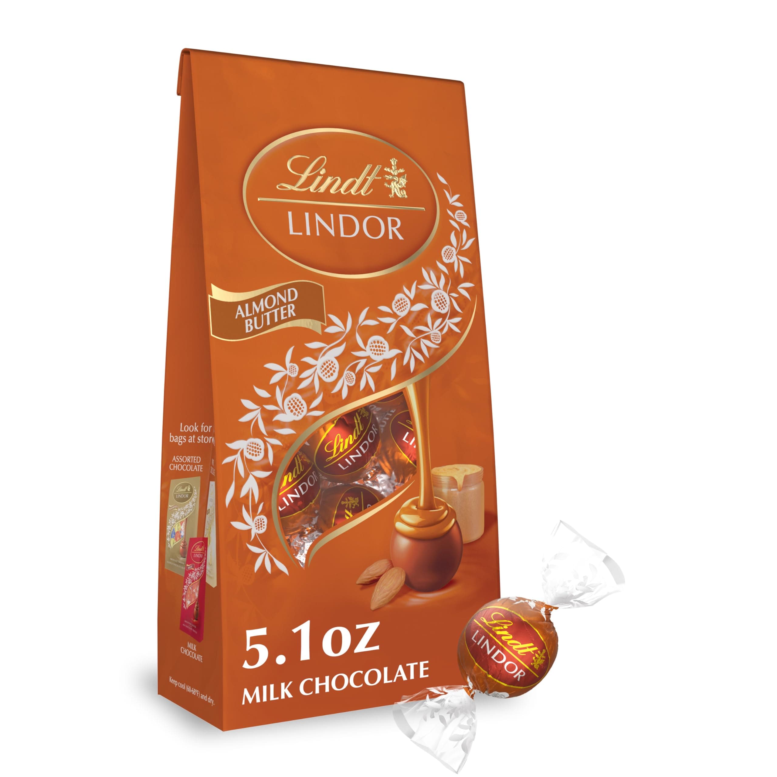 LINDOR Almond Butter Milk Chocolate Candy Truffles, Milk Chocolate With Almond Butter, Great for Gift Giving, 5.1 oz. Bag (6 Pack)