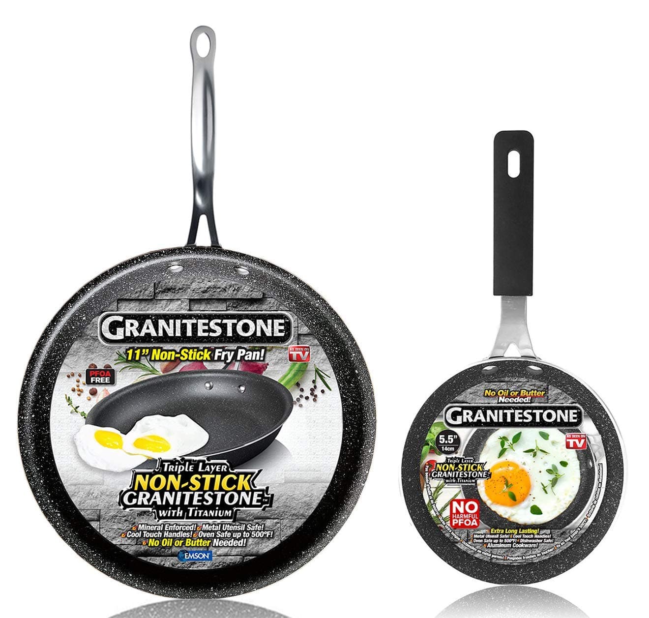 Granitestone Original 11 Nonstick Frying Pan with 5.5" Egg Omelette Pan, Nonstick Skillet Set, No-warp, Mineral-enforced, PFOA-Free, Oven Safe Dishwasher-safe Set Cookware As Seen On TV