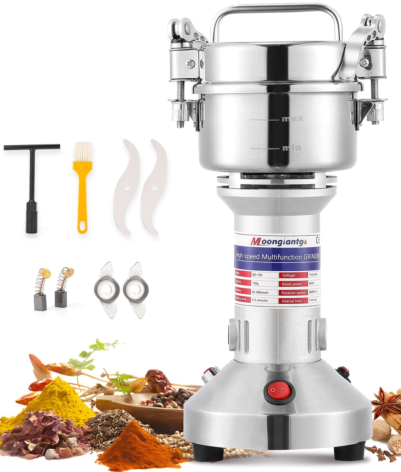 Electric Grain Mill 150g Spice Mill Stainless Steel Commercial Motor 950W 28000RPM 30s High Speed Fine Grinding Various Grain Bits/Spices/Nuts