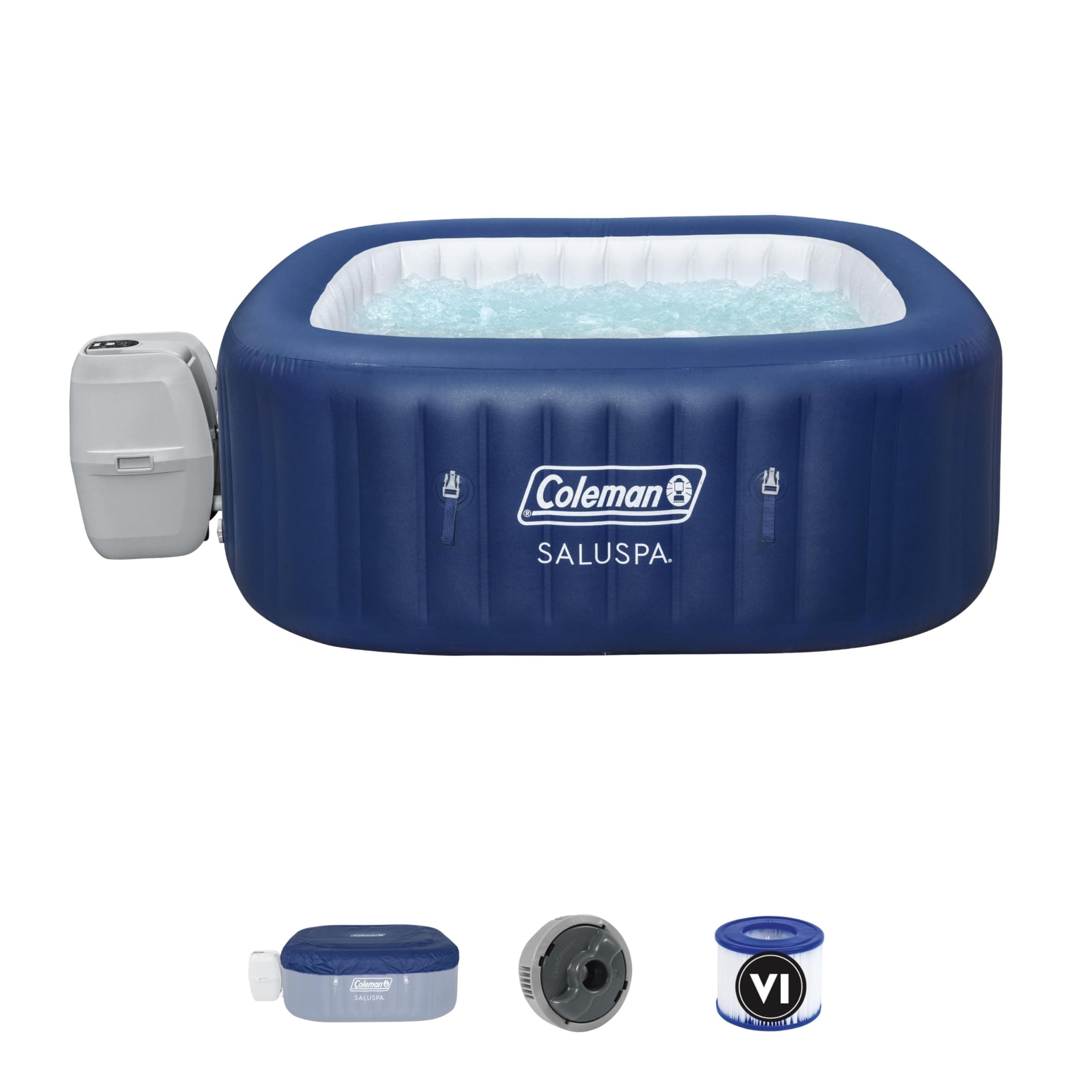 Coleman SaluSpa Atlantis AirJet 4 to 6 Person Inflatable Hot Tub Square Portable Outdoor Spa with 140 Soothing Jets with Cover, Blue