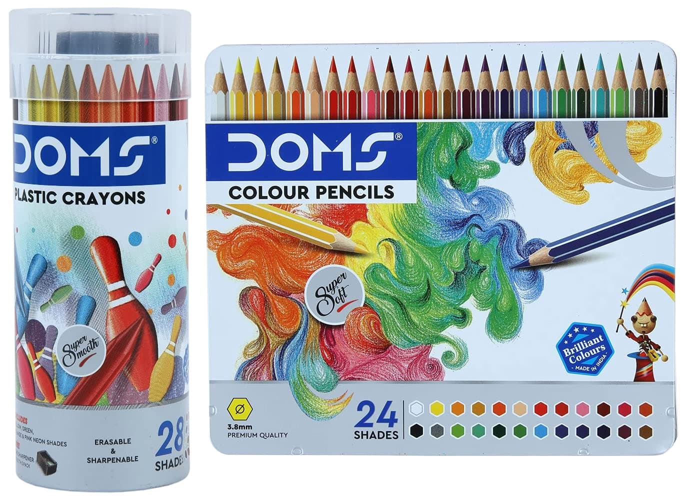 Doms Plastic Crayon 28 Shades Round Tin Fsc 24 Colour Pencil Flat Tin, Multicolor