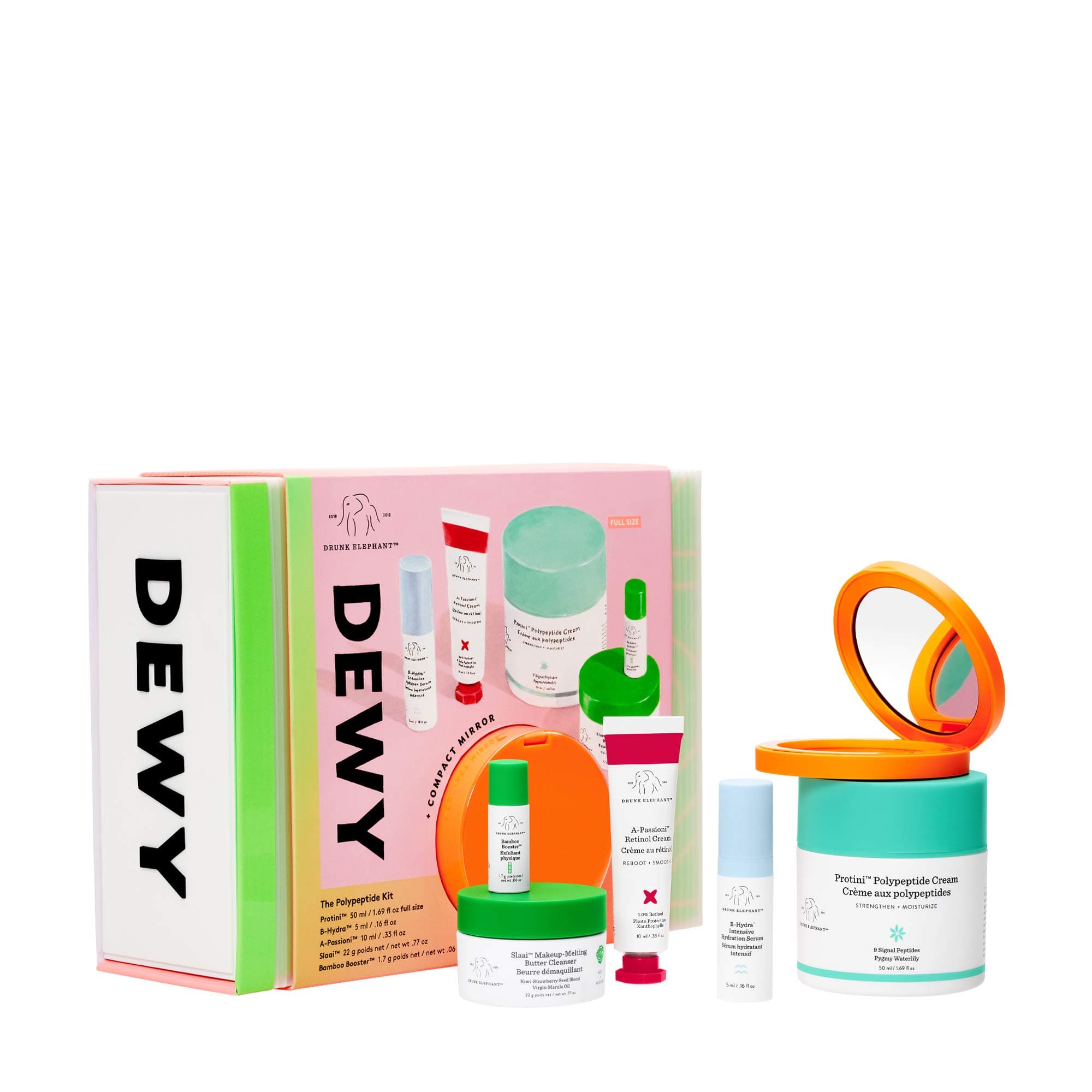 Drunk Elephant Dewy: The Polypeptide Kit. Complete Cleansing and Nourishing Skin Care Bundle (Butter Cleanser, Peptide Moisturizer, Powder Exfoliant, Hydration Serum, and Retinol Cream)
