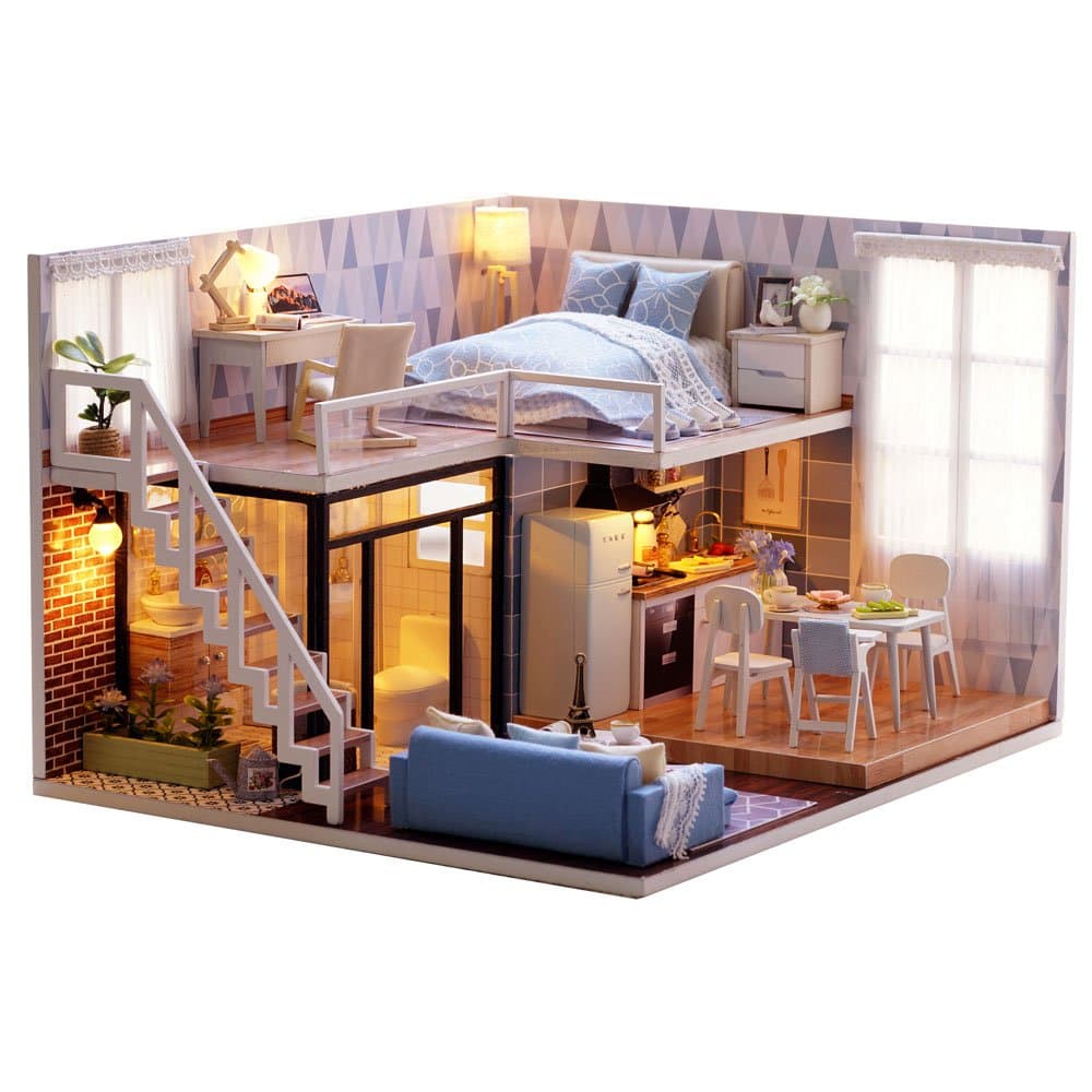 3D Wooden Dollhouse Miniature DIY House Kit with Furniture,1:24 DIY Dollhouse Kit Dust Proof Included (Blue Times)