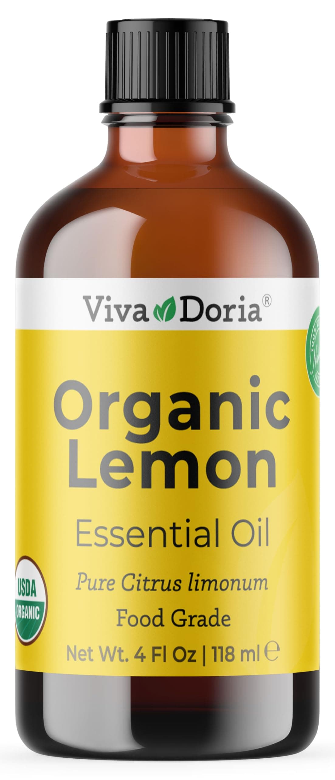 Viva Doria Lemon Essential Oil, USDA Certified, Organic Lemon Oil, 100% Pure, Natural Essential Oil, Undiluted, for Aromatherapy | Food Grade, 118 mL (4 Fluid Ounce)