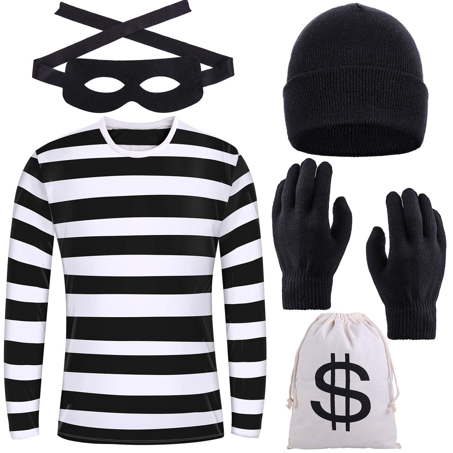 URATOTHalloween Robber Costume Set, Include Striped Long Sleeve T-Shirt Knit Cap Gloves Canvas Bags and Eye Mask