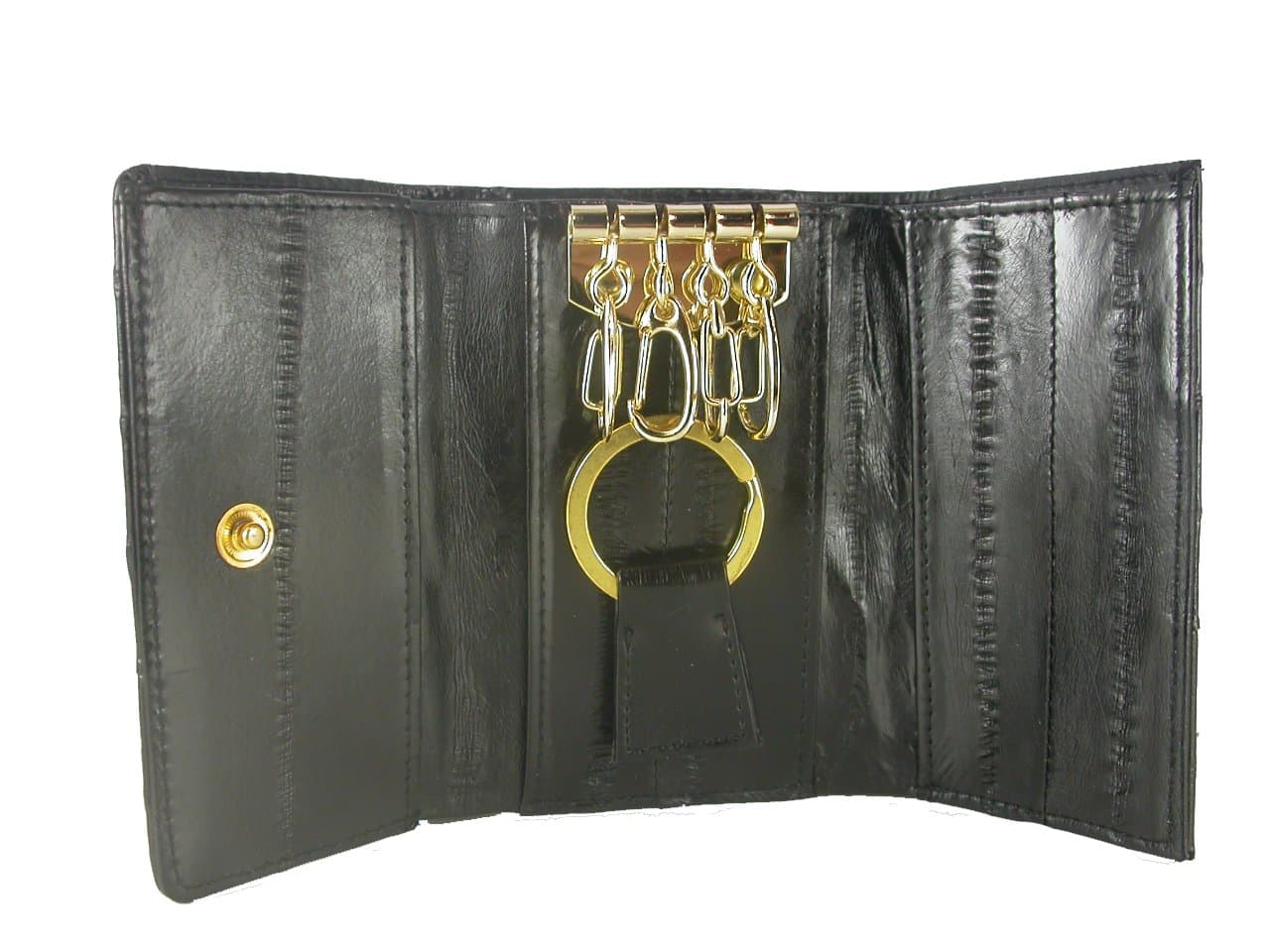 Genuine Eel Skin Leather Key Holder Ring Finders Chain Small Wallet Purse with Bill Pocket New (Black)