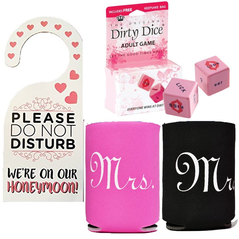 Honeymoon Survival Kit - Bride and Groom Cup Holders, Honeymoon Dirty Dice and Do Not Disturb Door Hanger (Boxed Set of 3 Items)