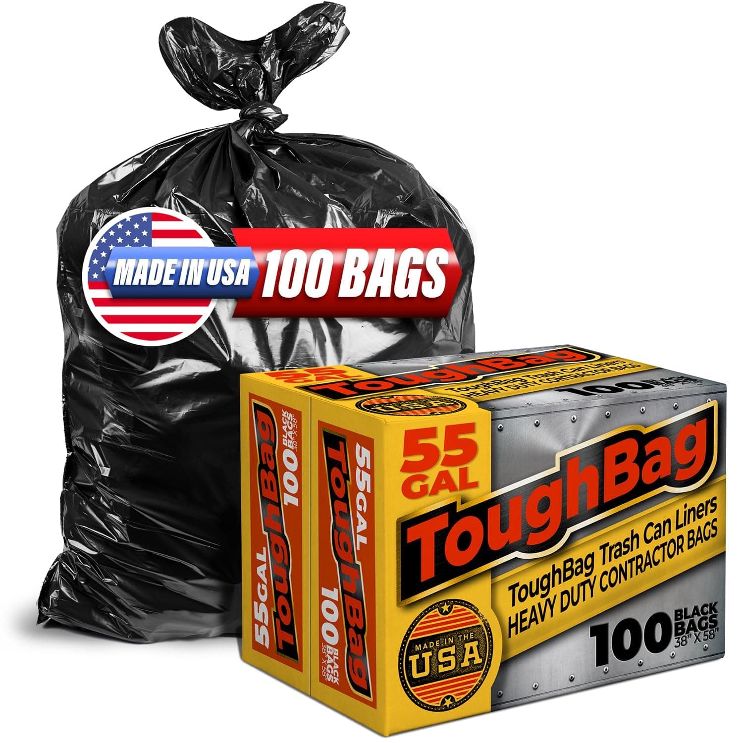 55 Gallon Trash Bags Heavy Duty (100 Count) - 50-60 Gallon Black Garbage Bags, Large Trash Bags - 38 x 58" - Made in USA