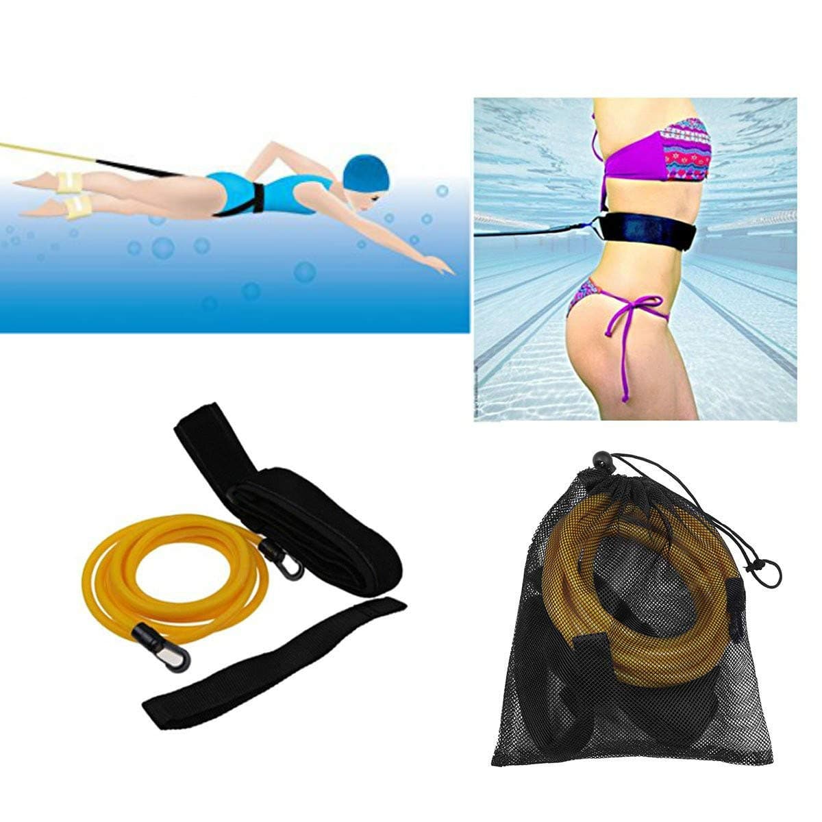 FIVE BEE Premium Swimming Belt Tether- Swim Resistance Training Cord Exerciser- Swimmer Fitness Tether Bungee Training Leash Kit Equipment- for Adult, Kid, Pro, Amateur Use- with Storage Mesh Bag