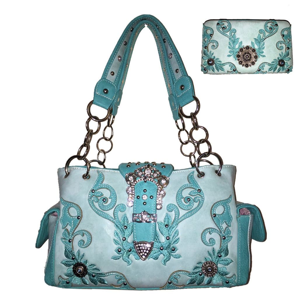 Rhinestone Buckle Concho Concealed Carry Embroidered Handbag Wallet Set in Turq