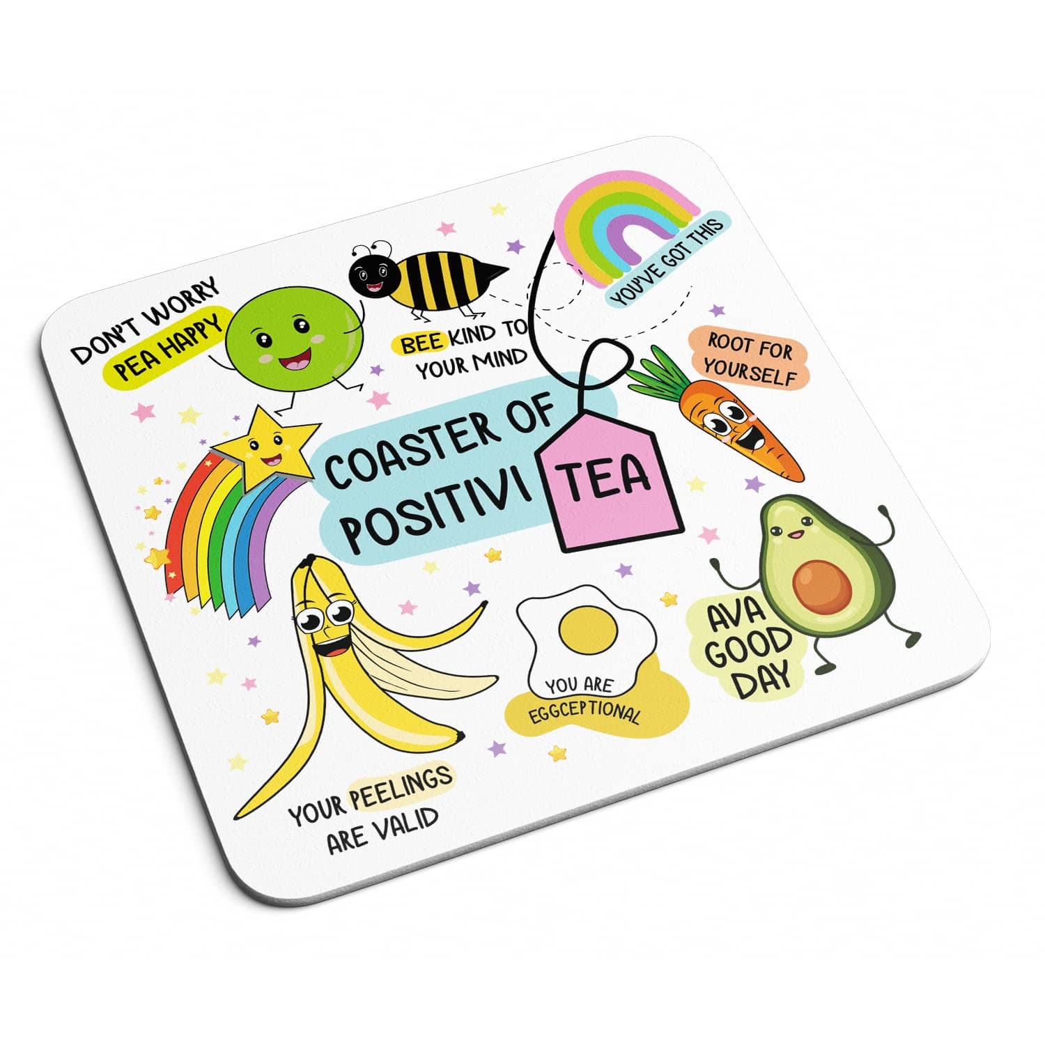 Positivi-TEA Drinks Coaster - Rainbow Cute Cartoon Avacado Pun Fun Daily Affirmation Positive Vibes Good Day Bee Kind Kitchenware Home Decor Place Mats (White)