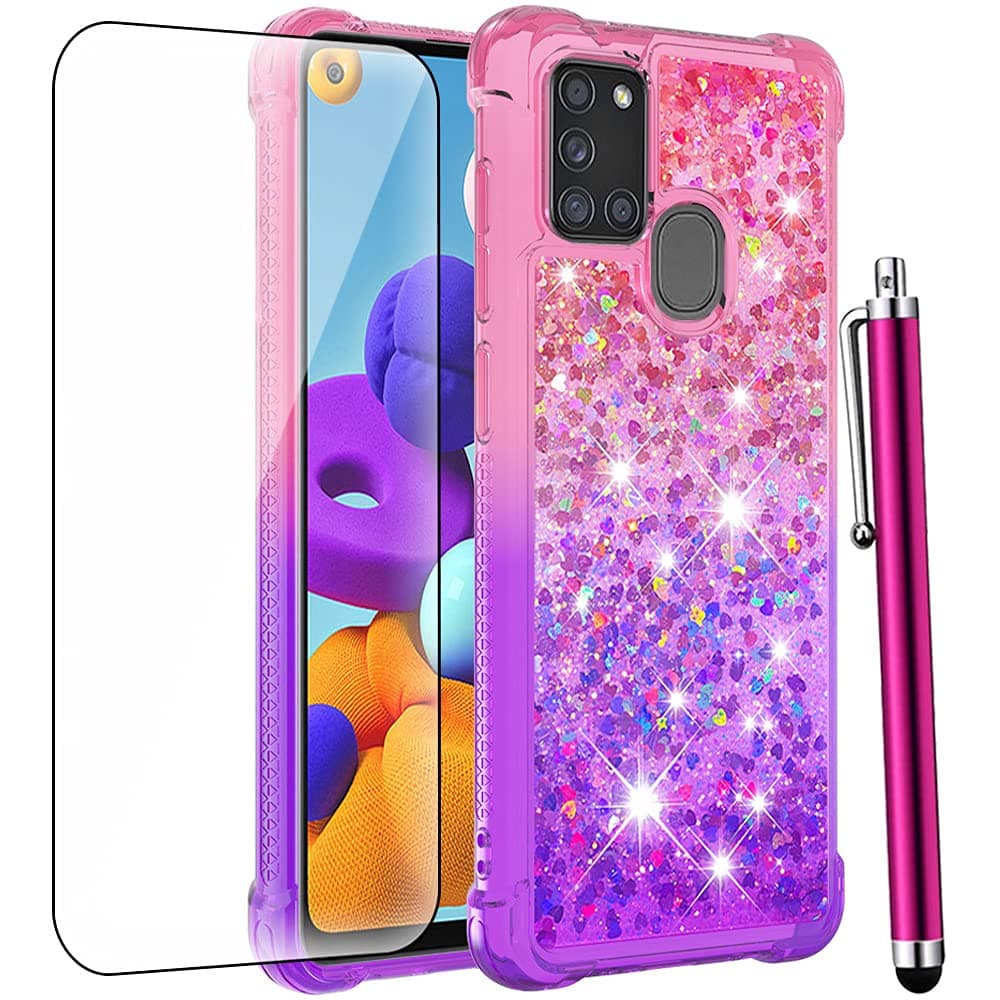 CAIYUNLfor Samsung Galaxy A21S Case with Tempered Glass Screen Protector,Women Girls Glitter Bling Floating Liquid Cute Soft TPU Shockproof Protective Phone Cover for Galaxy A21S-Pink/Purple