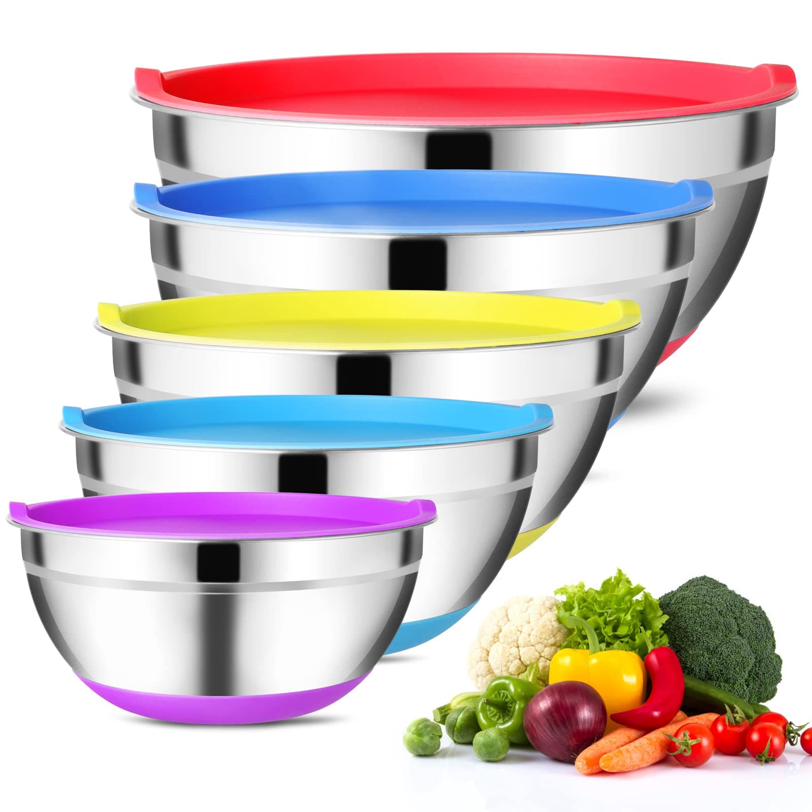 Hossejoy Mixing Bowls with Airtight Lids (Set of 5) Stainless Steel Salad Bowl Set, Non Slip Colorful Silicone Bottom Nesting Storage Bowls, Great for Mixing & Prepping 1.5-2.5-3-5-8 QT