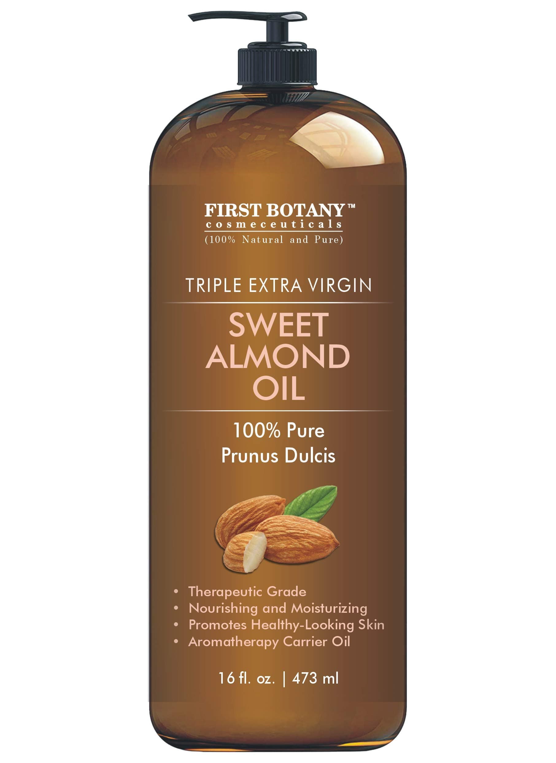 First Botany Cosmeceuticals, Cold Pressed Sweet Almond Oil - Triple AAA+ Grade Quality, For Hair, For Skin and For Face, 100% Pure and Natural with Pump dispenser, 16 fl oz