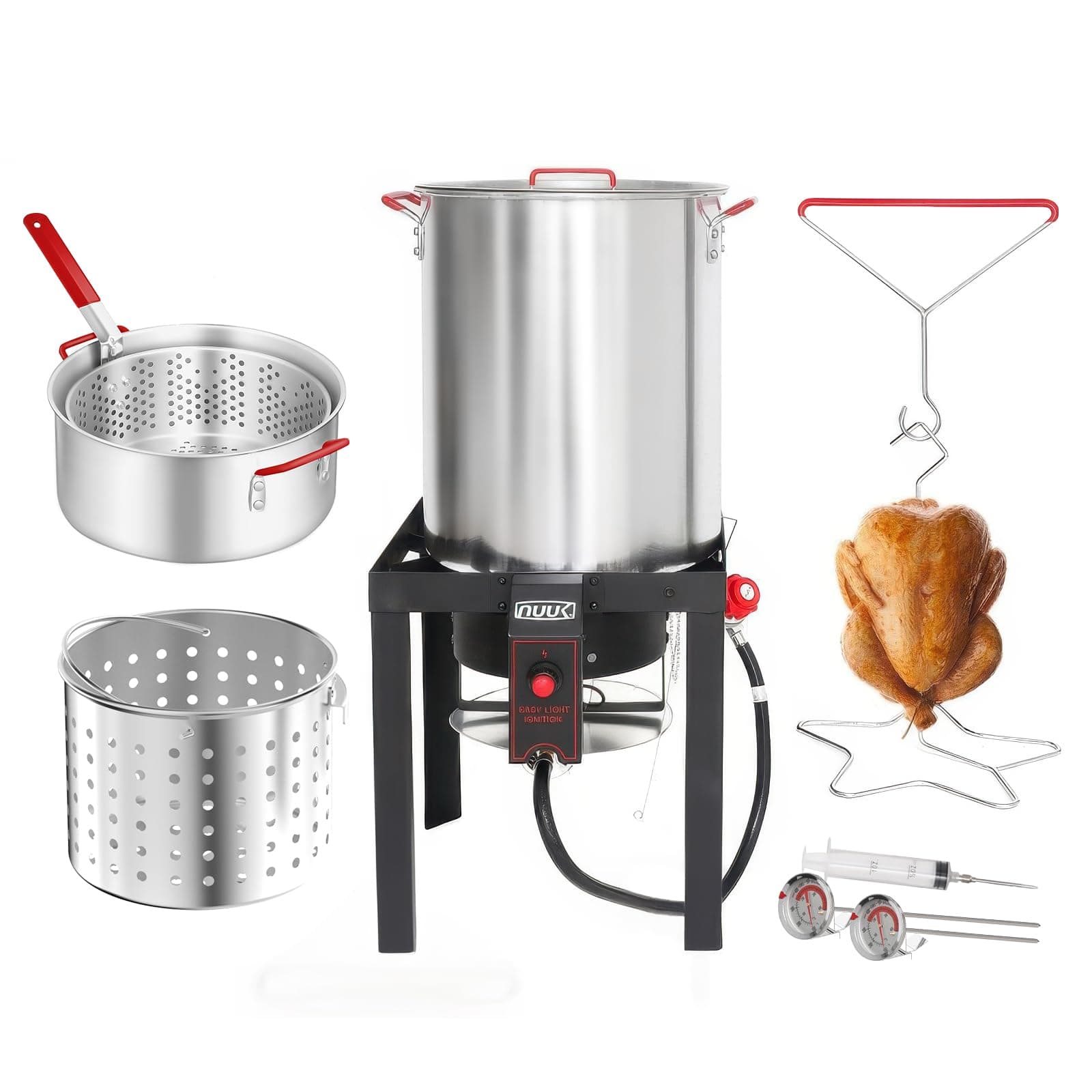 NUUK 30QT Turkey Fryer & 10QT Fish Fryer Combo Kit Aluminum Deep Fryer Pot with Basket, CSA Approved 50,000BTU Burner with Auto Ignition System and 10PSI Regulator, Thermometer, Turkey Rack