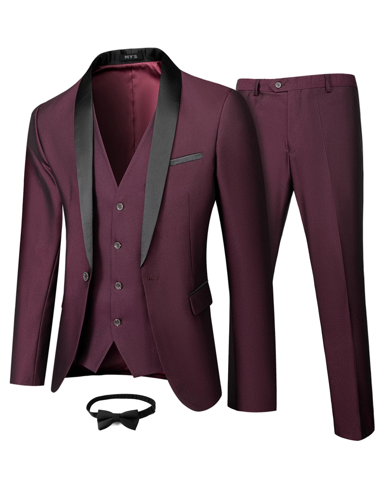 MY'S Mens 3 Piece Tuxedo Set with Bow Tie, Shawl Lapel One Button Jacket Vest & Pants, Slim Fit Suit Prom Party Wedding Tux