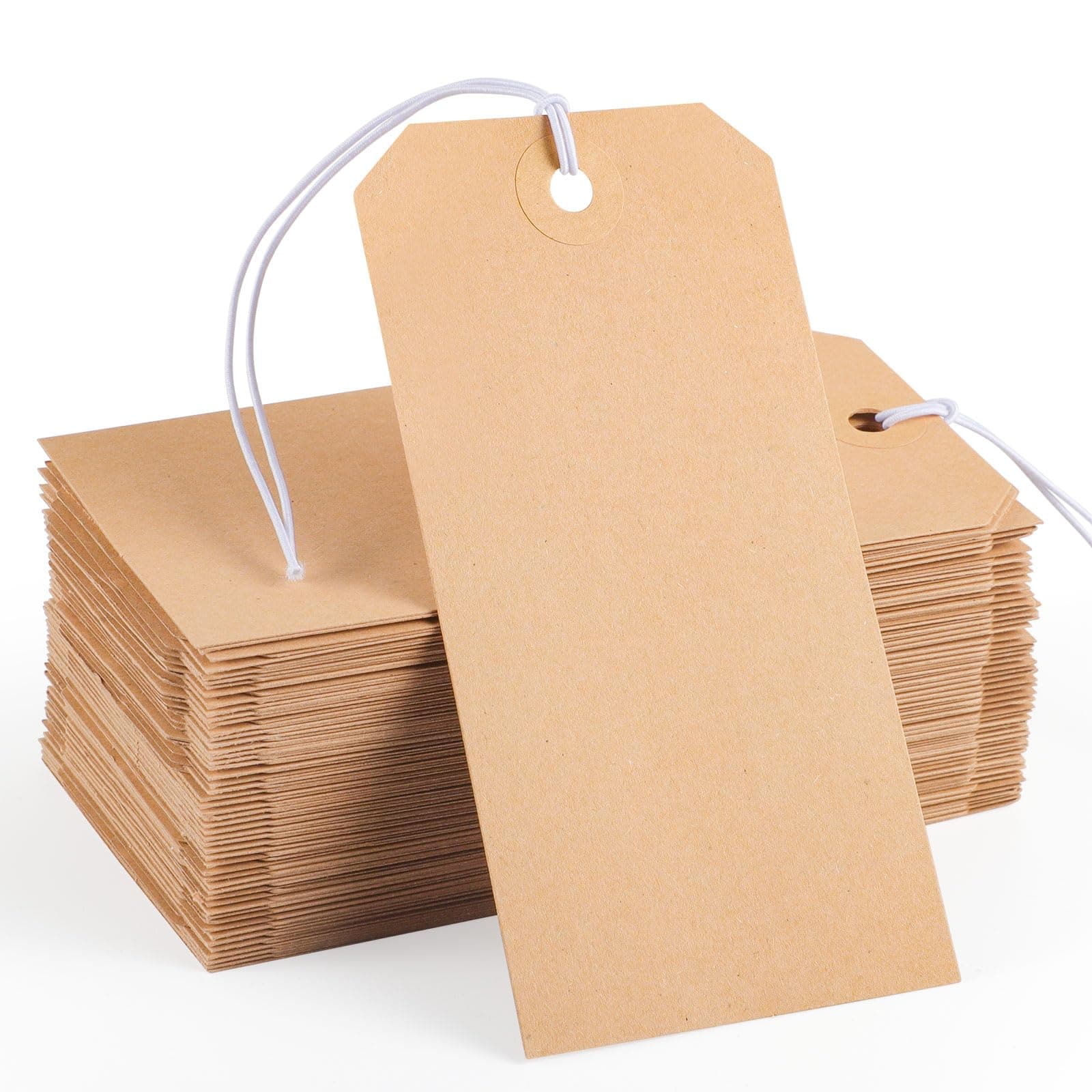 100pcs Brown Paper Shipping Tags with Elastic Rope Large Marking Hanging Paper Tags Attached Reinforced Hole Writable Price Tag Inventory Gift Tag 4.76'' x 2.36''