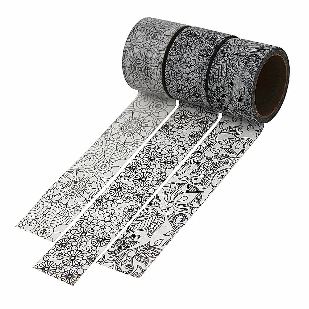 Dawnzen® 3 Rolls Washi Tape Set, 30mm Wide Decorative Masking Japanese Paper Tapes for Scrapbooking Arts Crafts, Room Decorative, Gift Wrapping and Party Supplies - Gray Flower Leaves Plants