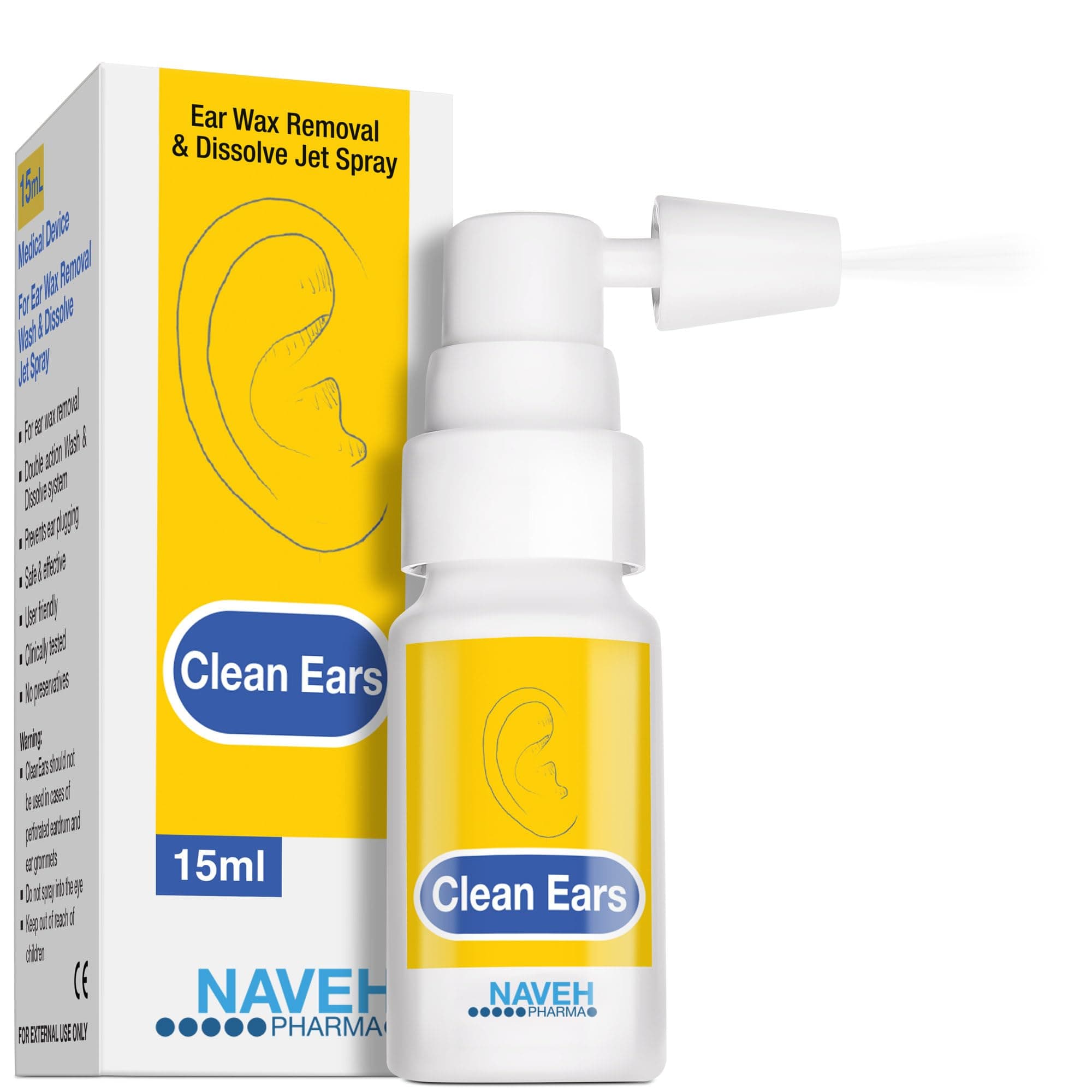 NAVEH PHARMA CleanEars | Fast-Acting Ear Wax Removal Spary | Breaks Down & Dissolves Earwax in Just 1 Treatment | Clinically Proven to Be 300% More Effective W/Mineral Oil | Gentle & Safe | 15ML
