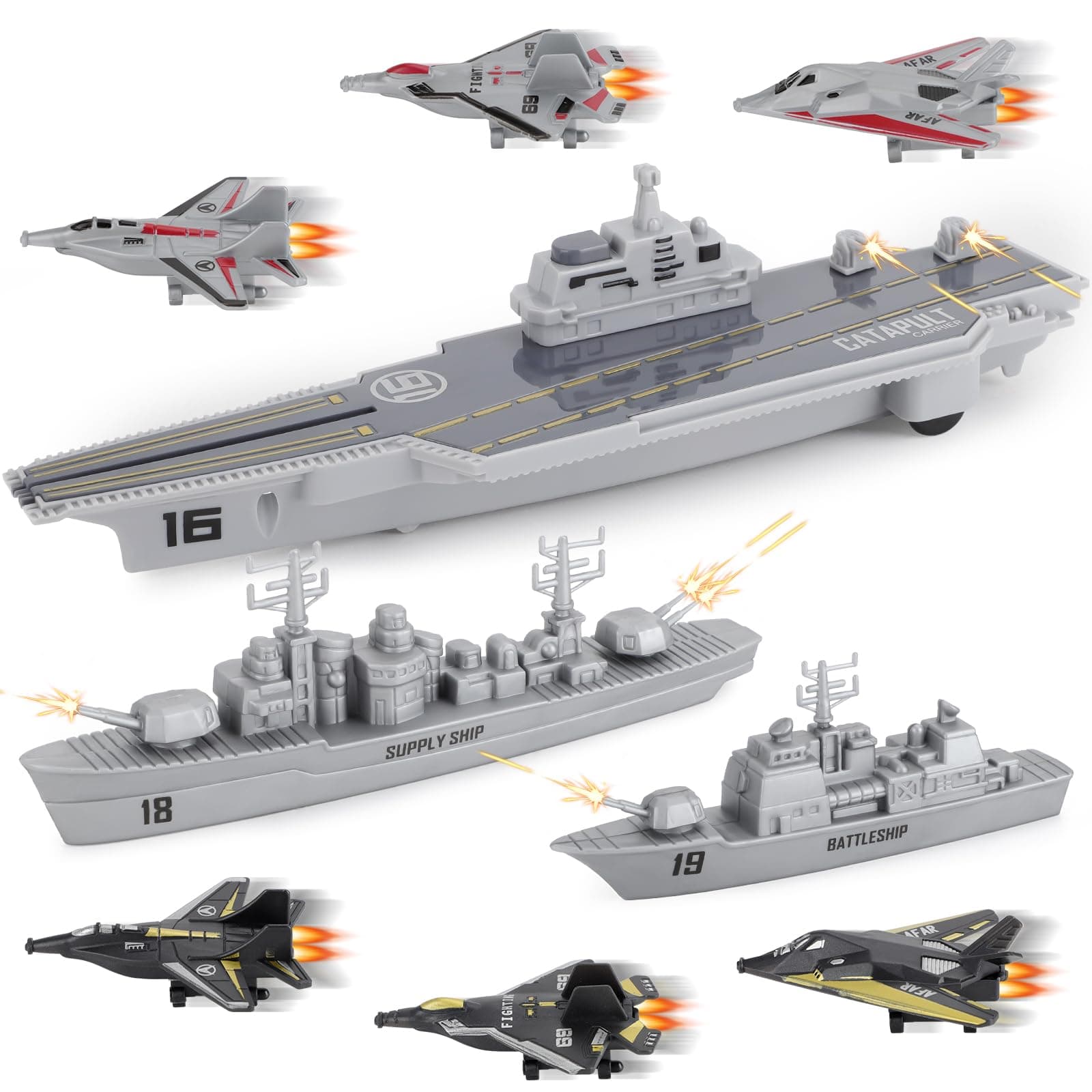 deAO Model Military Naval Ship Aircraft Carrier Toy Play Set with Small Scale Model Planes, Battleship and Supply Ship Included