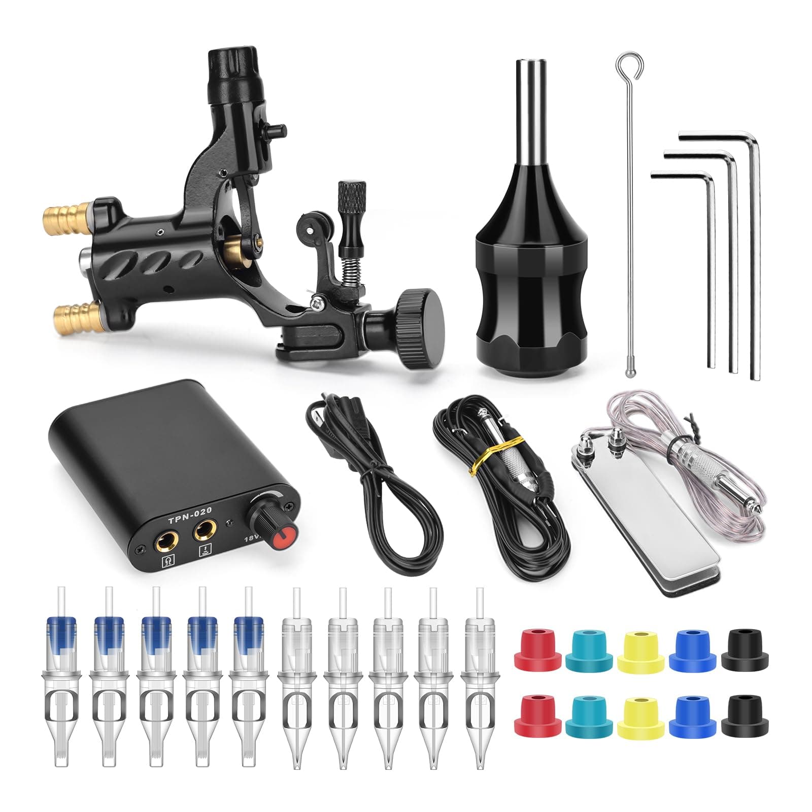 Rotary Tattoo Machine Kit, ATOMUS Tattoo Motor Gun with Power Supply Foot Pedal Clip Cord Handle Grip 3RL 7M1 Cartridge Needles Grommets Tattoo Liner Shader Kit