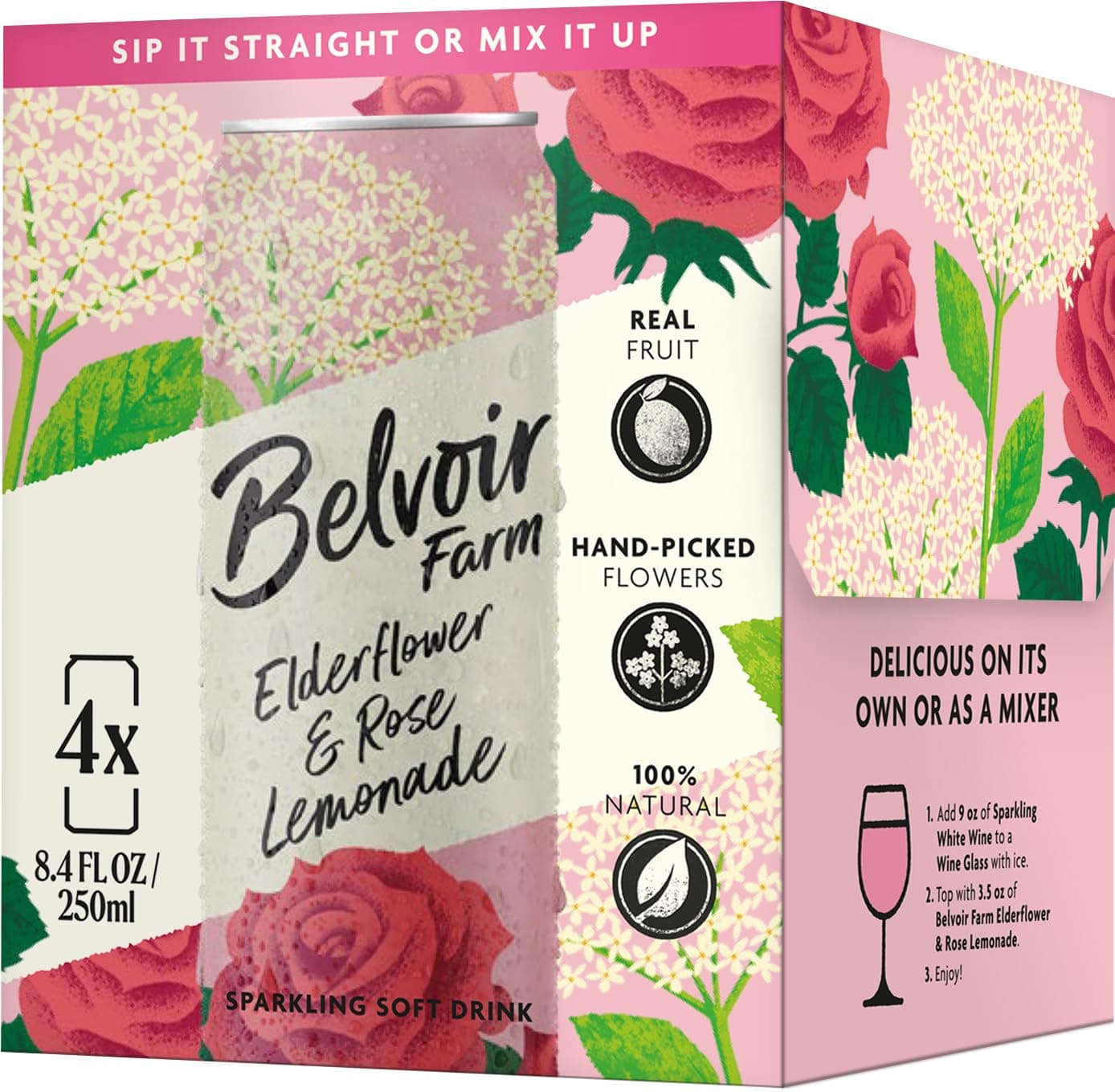 Belvoir Farm Elderflower & Rose Sparkling Lemonade | Delicious On It's Own Or As A Mixer | Product of UK | 4 Cans, 8.4 fl oz (250mL)