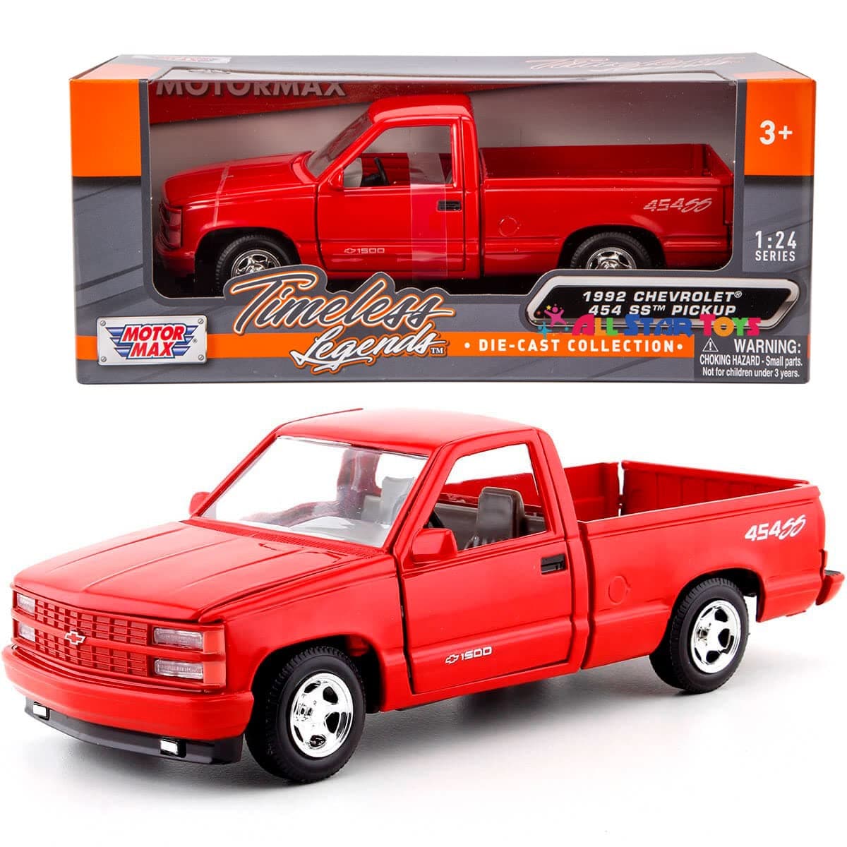 Motor Max 1992 Chevy 454SS Pick Up Truck, Red - Showcasts 73203-1/24 Scale Diecast Model Car