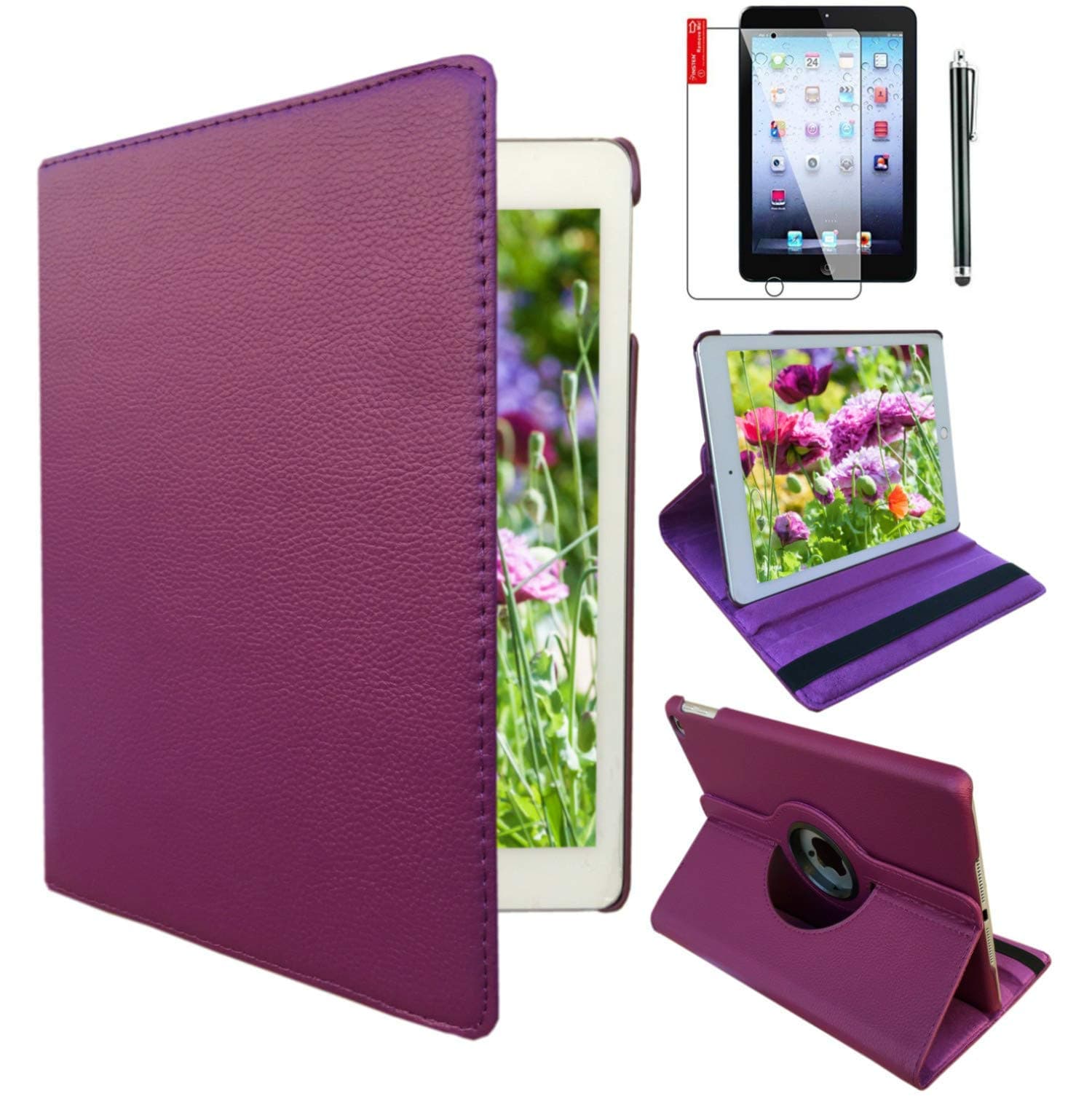 ipad 4th Generation Case 9.7in 360 Degrees Rotating Stand Leather Magnetic Smart Cover Case for Ipad 2/3/4 Gene Case with Bonus Screen Protector, Stylus and Cleaning Cloth (Purple)