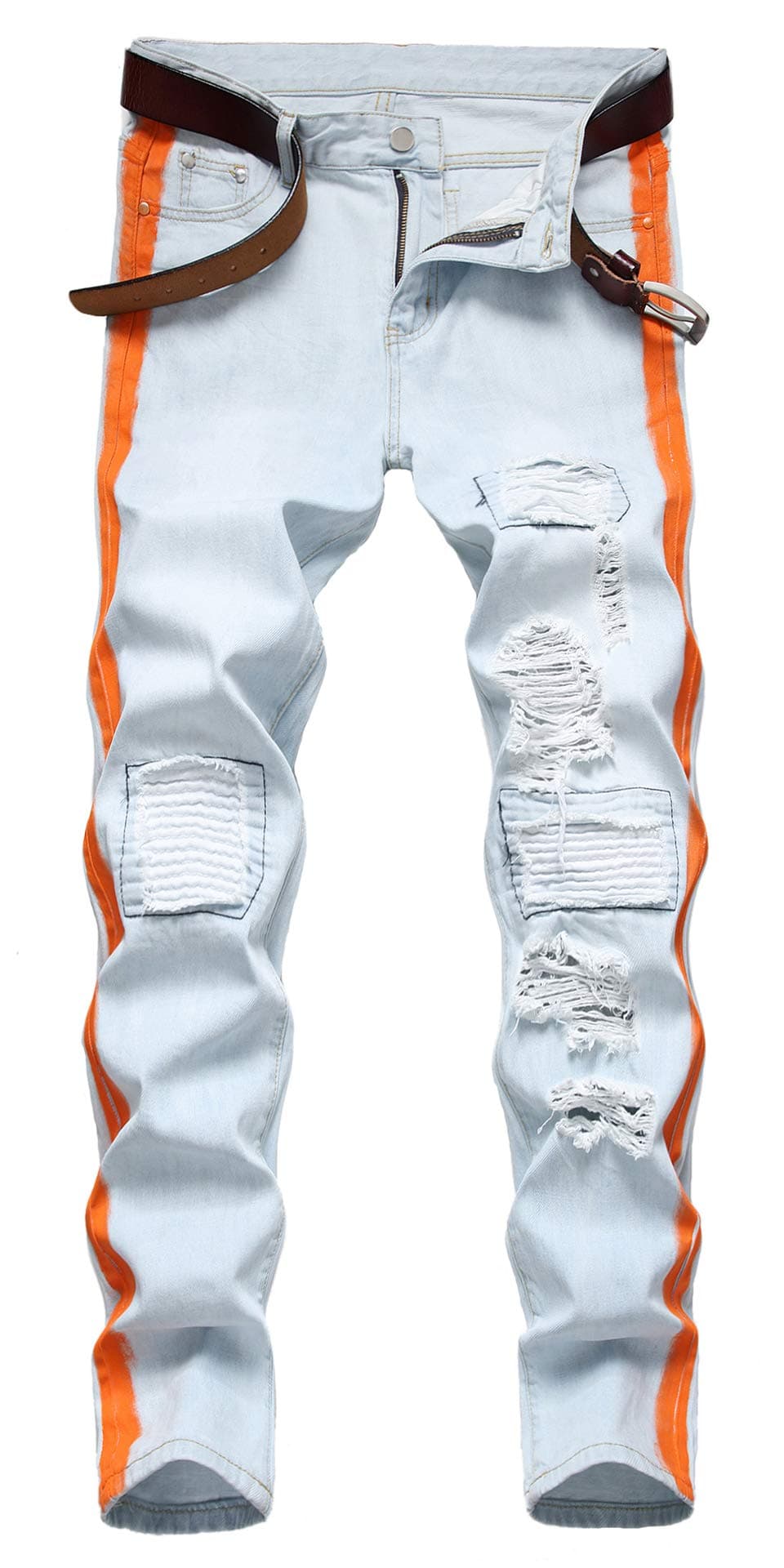 Men's Ripped Distressed Side Paint Printed Straight Fit Denim Jeans (925 Light Blue, 36)