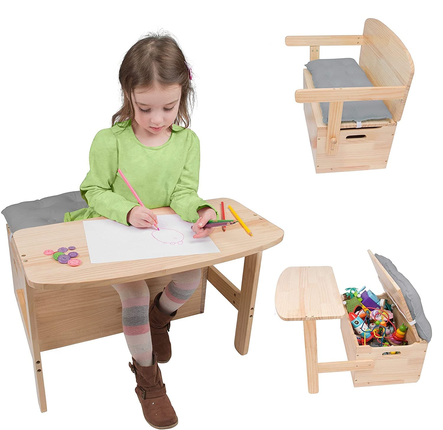 Svan Wooden Desk and Chair Set w/Toy Box Storage - Converts to Bench - Includes Blue Cushion 25 x 22 x 13 in