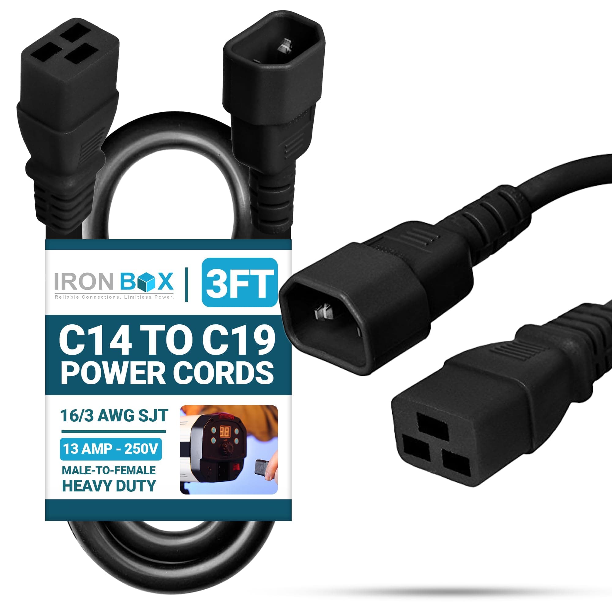 IronBox Electric C14 to C19 Power Cords - 13A, 250V, 16/3 AWG SJT - UL Listed Power Supply Cable - Heavy Duty Power Cord Extension for Computer, Monitor, PDU, Desktop, Audio and More (3 ft, Black)