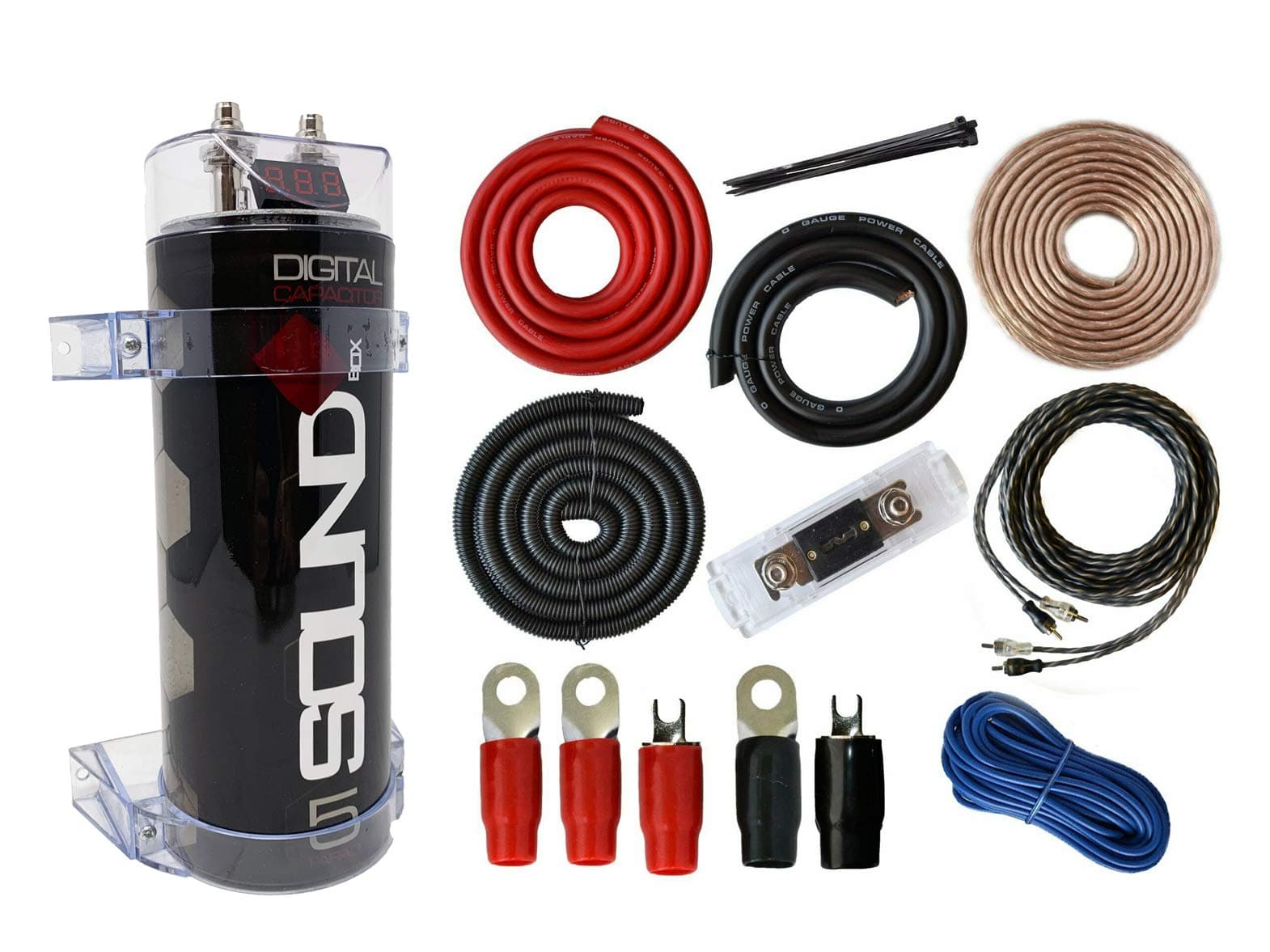 SoundBox 0 Gauge Amp Kit Amplifier Install Wiring & 5 Farad Digital Capacitor, 5000W