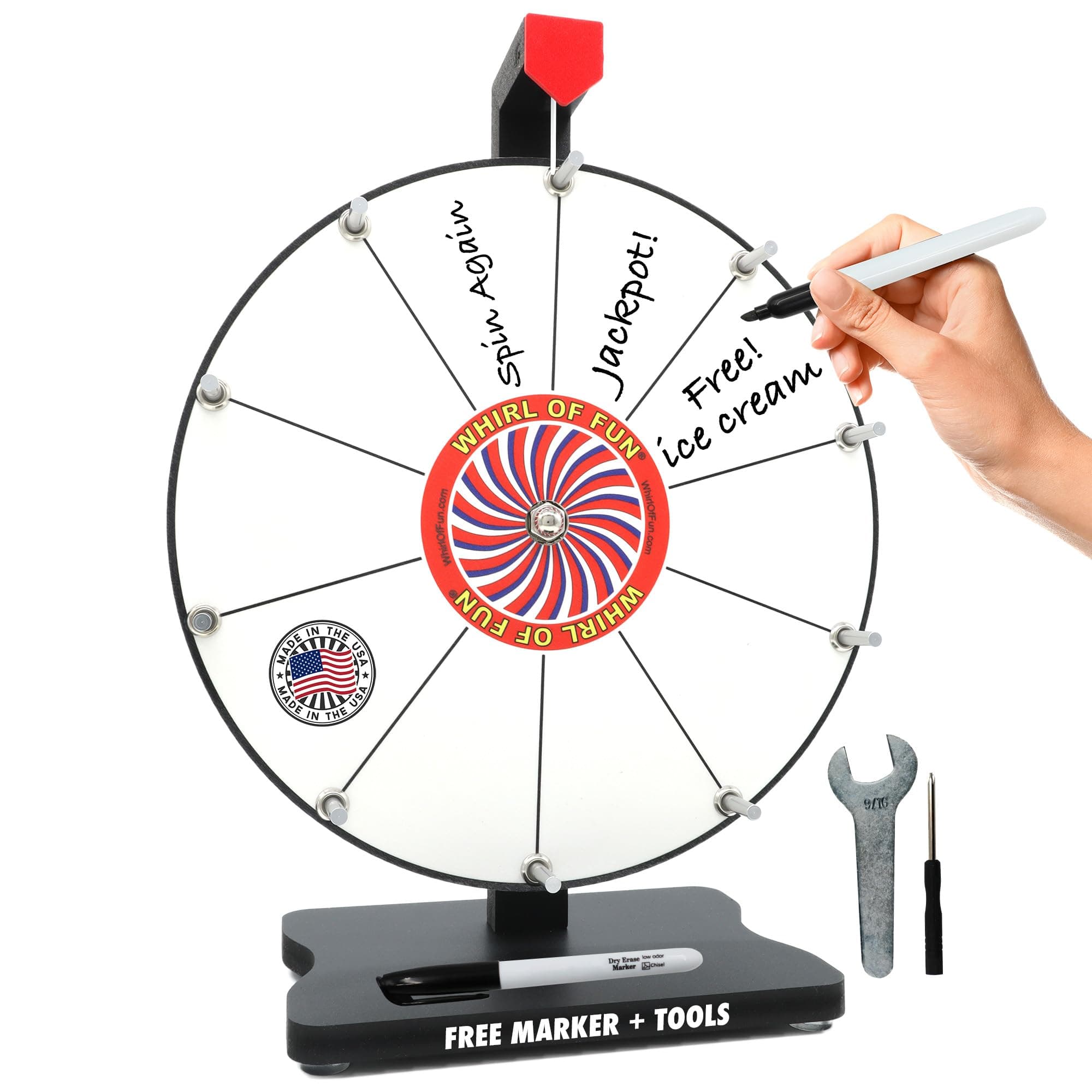 12 Inch White Prize Wheel-Spinning Wheel for Prizes with Stand, 10 Slots, Customize Erasable Whiteboard Surface, Portable, Tools and Marker Included, Made in USA
