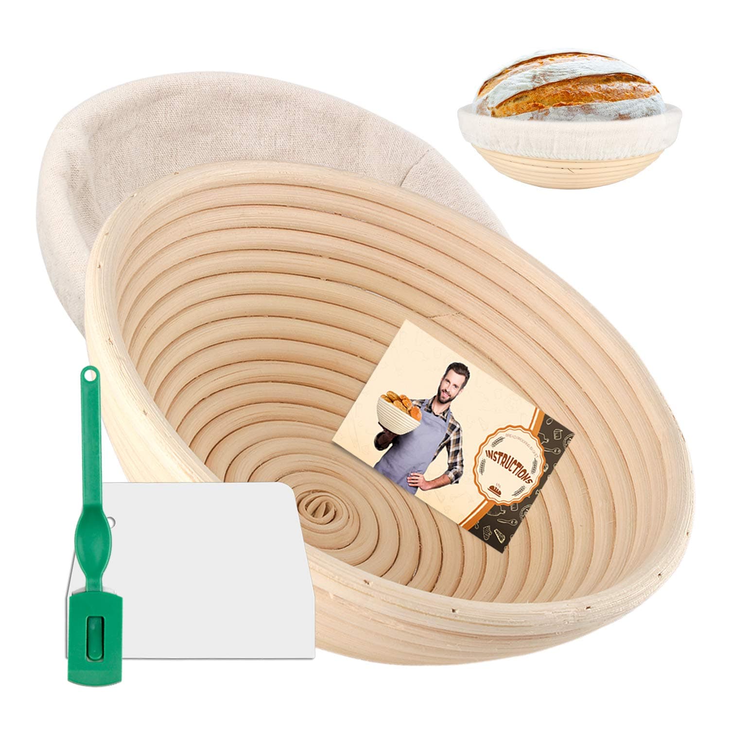 Semlos Banneton Basket, 10" Bread Baskets, Sourdough Prooving Basket for Bread Making, Baking Baskets Round, Proofing Basket with Linen Liner Cloth, Dough Scraper