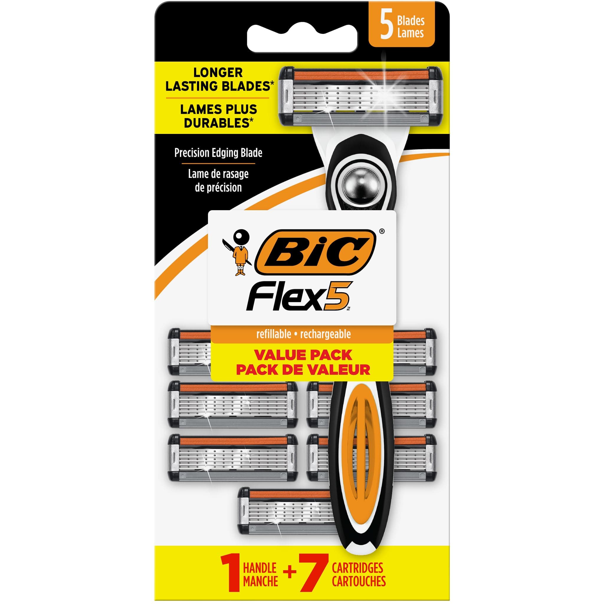 Flex 5 Hybrid Disposable Razors for Men, Sensitive Skin Razor For a Smooth and Close Shave, 1 Handle and 7 Cartridges With 5 Blades