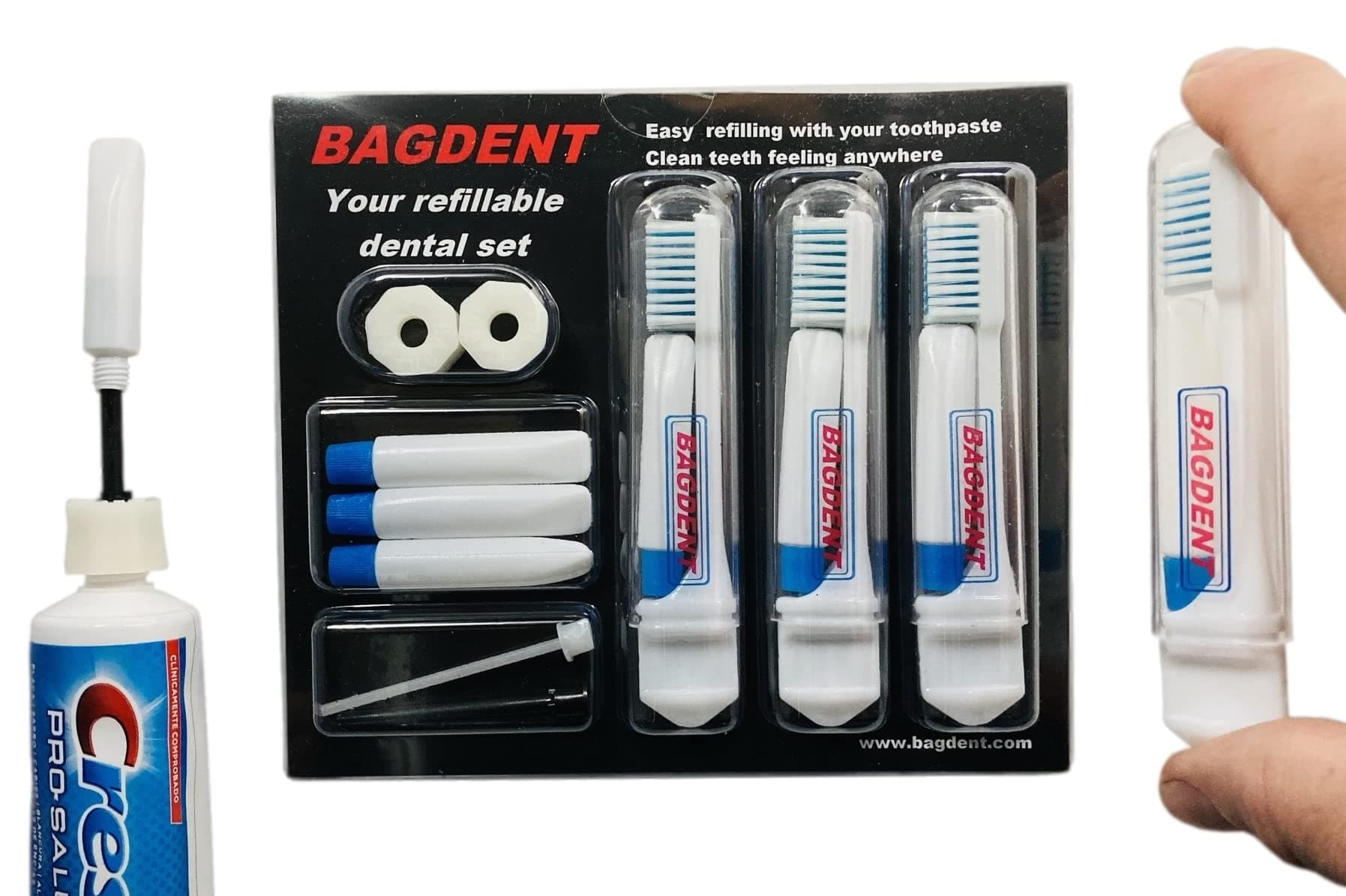 Travel Toothbrush and Toothpaste Empty Container - 11 Pcs/Set Contains: 3 Foldable Toothbrush, 6 Empty Refillable Tube (0.12Oz), 2 Filling Adapter, Instruction