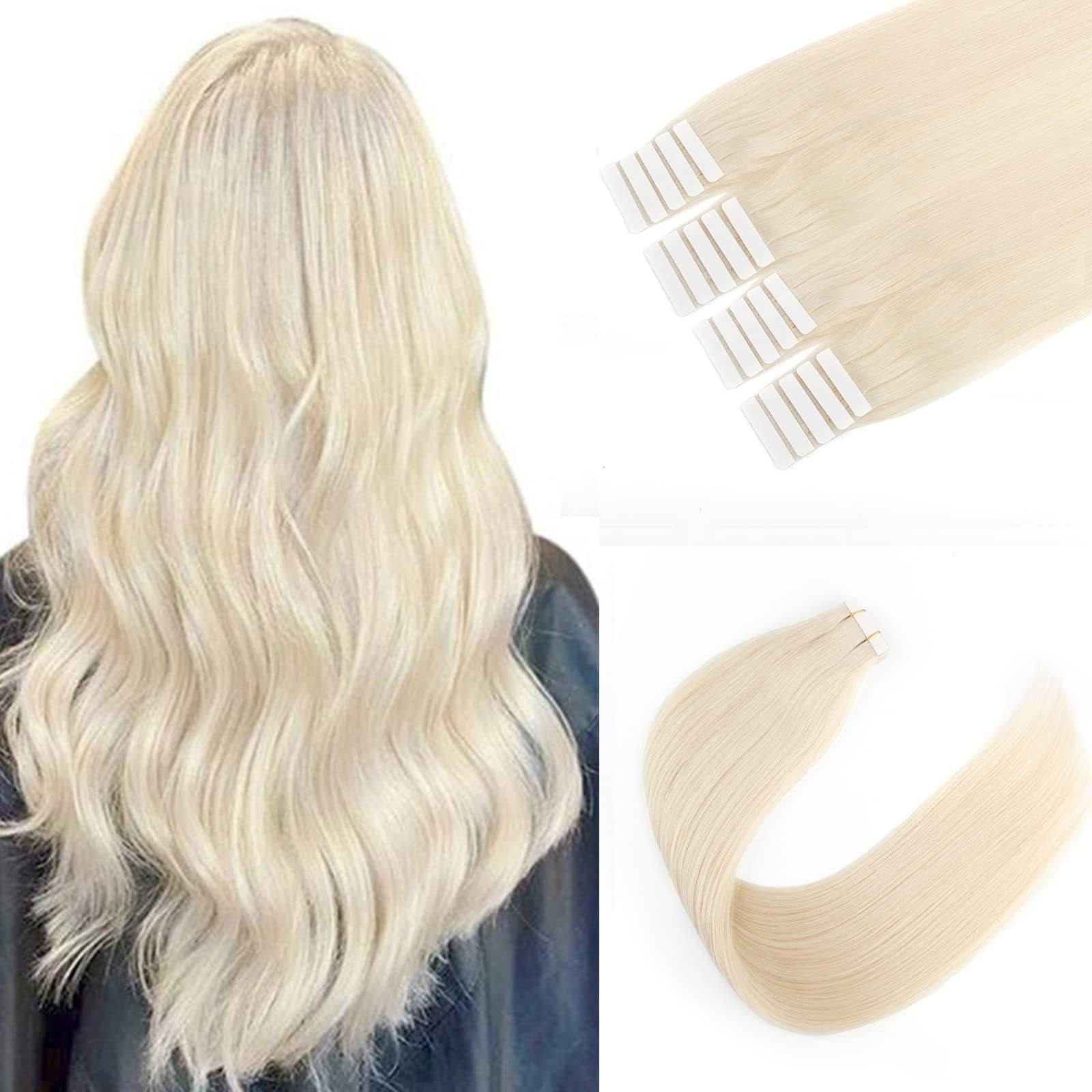 Sixstarhair 50g Tape in Hair Extensions Blonde Hair Extensions Color 60 Ash Blonde Natural Human Hair Extensions Platinum Tape In Extensions For Salon [Color 60 Ash Blonde 18inch]