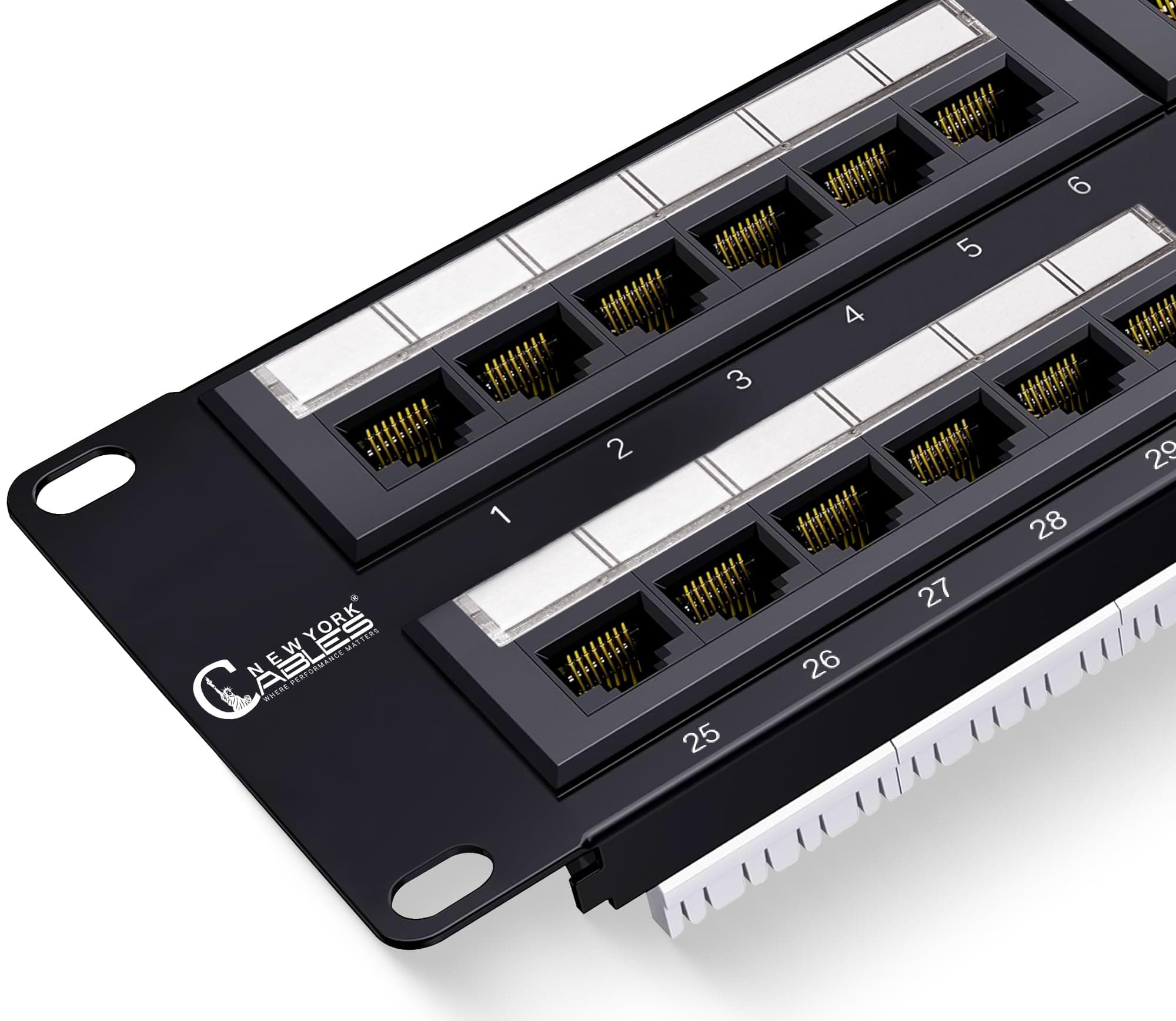 NewYork Cables 48 Port Cat6 Patch Panel, 10Gb Ethernet, 2U 19-Inch Rack or Wall Mount, UTP Network Patch Panel, Heavy-Duty Steel, Color-Coded T568A/B, 110/Krone Compatible, Black