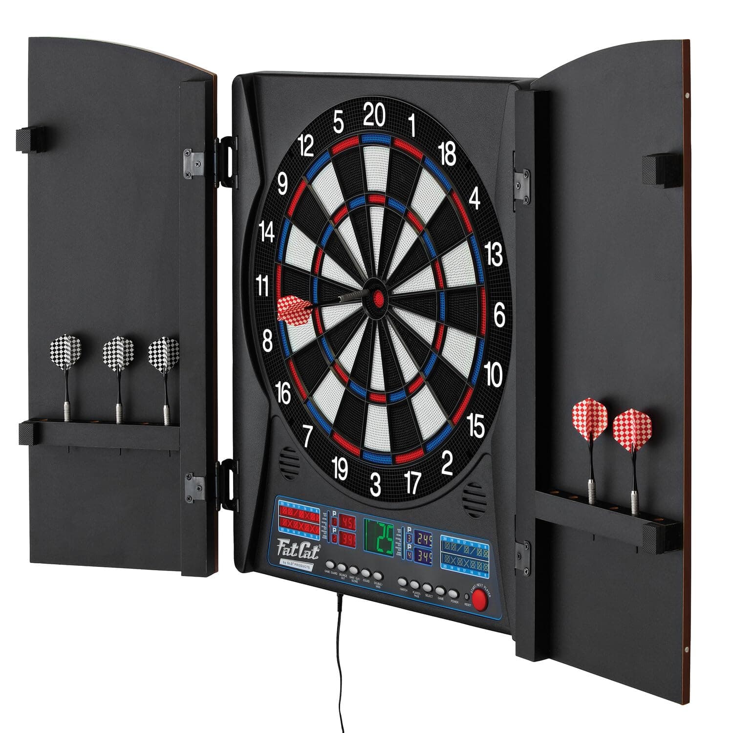 Fat Cat Electronx Electronic Dartboard Compact Size Over 35 Games with 167 Options Built-In Cabinet and Dart Storage for up to 12 Darts Auto Scoring LCD Display 8-Player Multiplayer and Soft Tip Darts