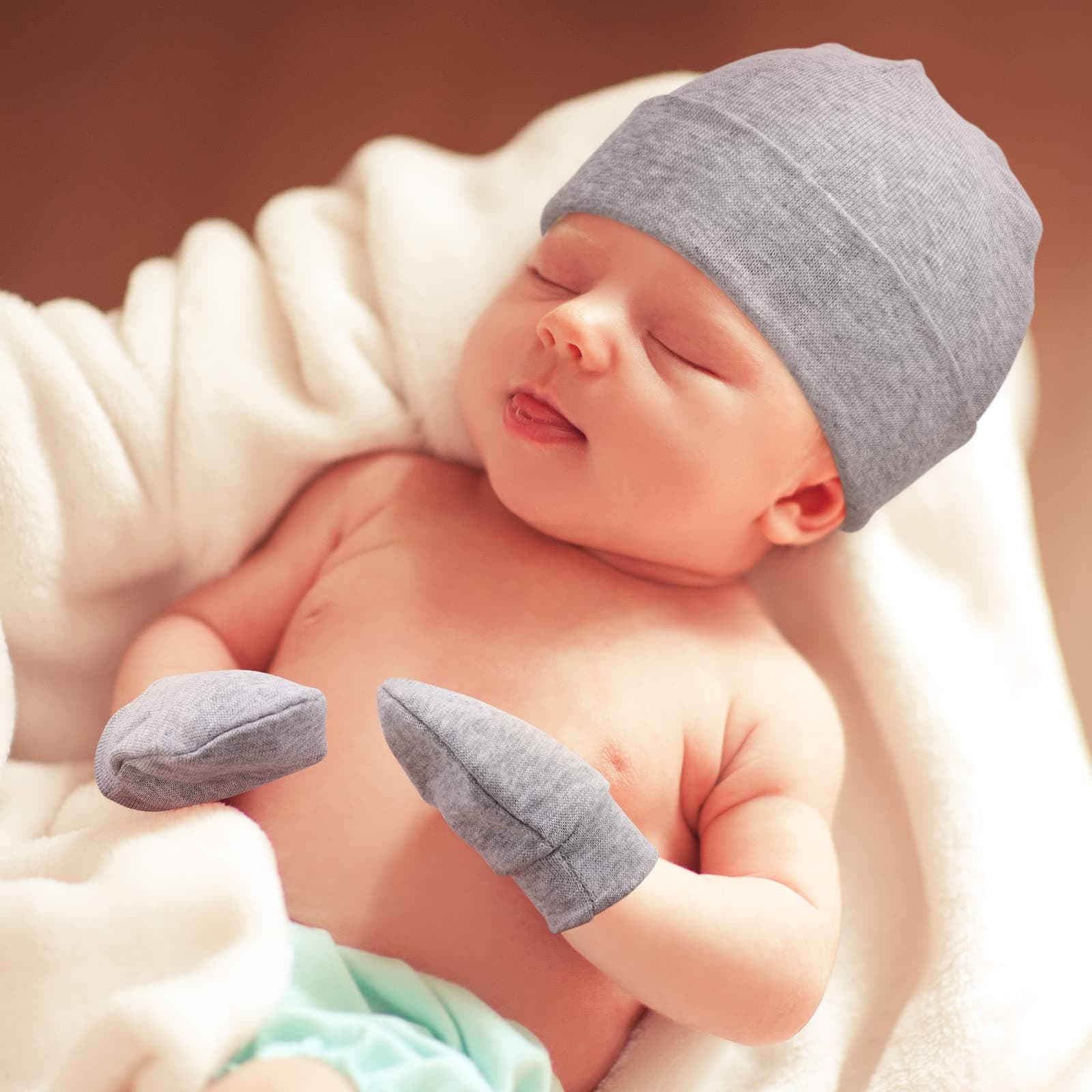 AQOKKA 4 Pieces Newborn Baby Hats and Mittens Baby Boys Girls Cotton Infant Toddler Caps Preemie for 0-6 Months