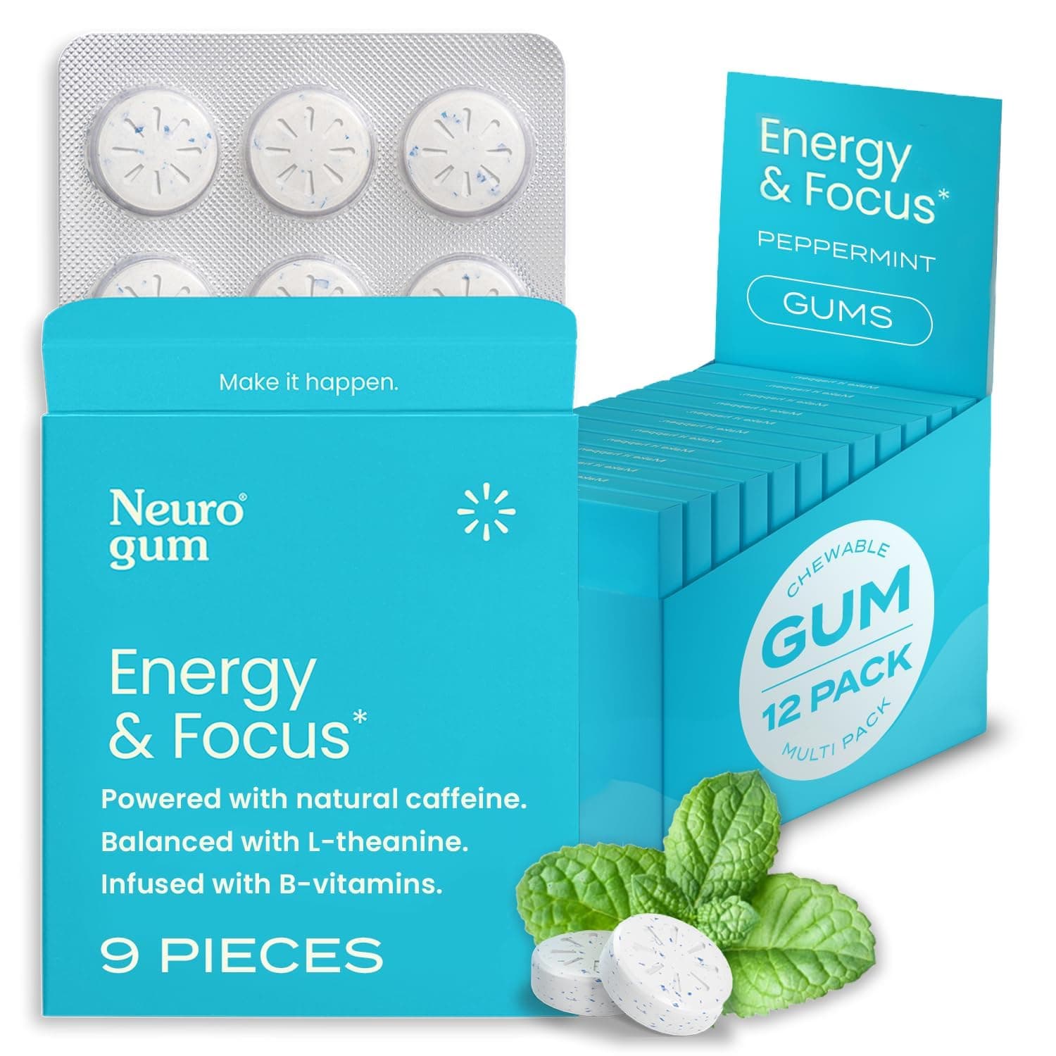 Neuro Gum | Nootropic Energy Caffeine Gum | 40mg Caffeine + 60mg L-theanine + B Vitamins for Energy and Focus | Sugar Free + Vegan + Keto | Caffeine Supplement for Adults Mint Flavor (108 Count)