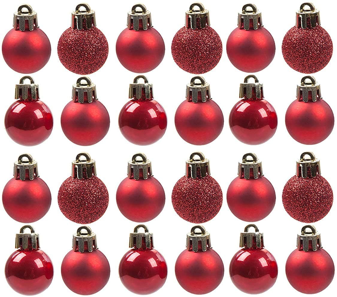 MUQU® Pack Of 24 Red Baubles - 3cm - Shiny Matte & Glitter Design - Shatterproof Christmas Ornaments Set, Reusable Xmas Tree Decorations (Red, 24 Pack)