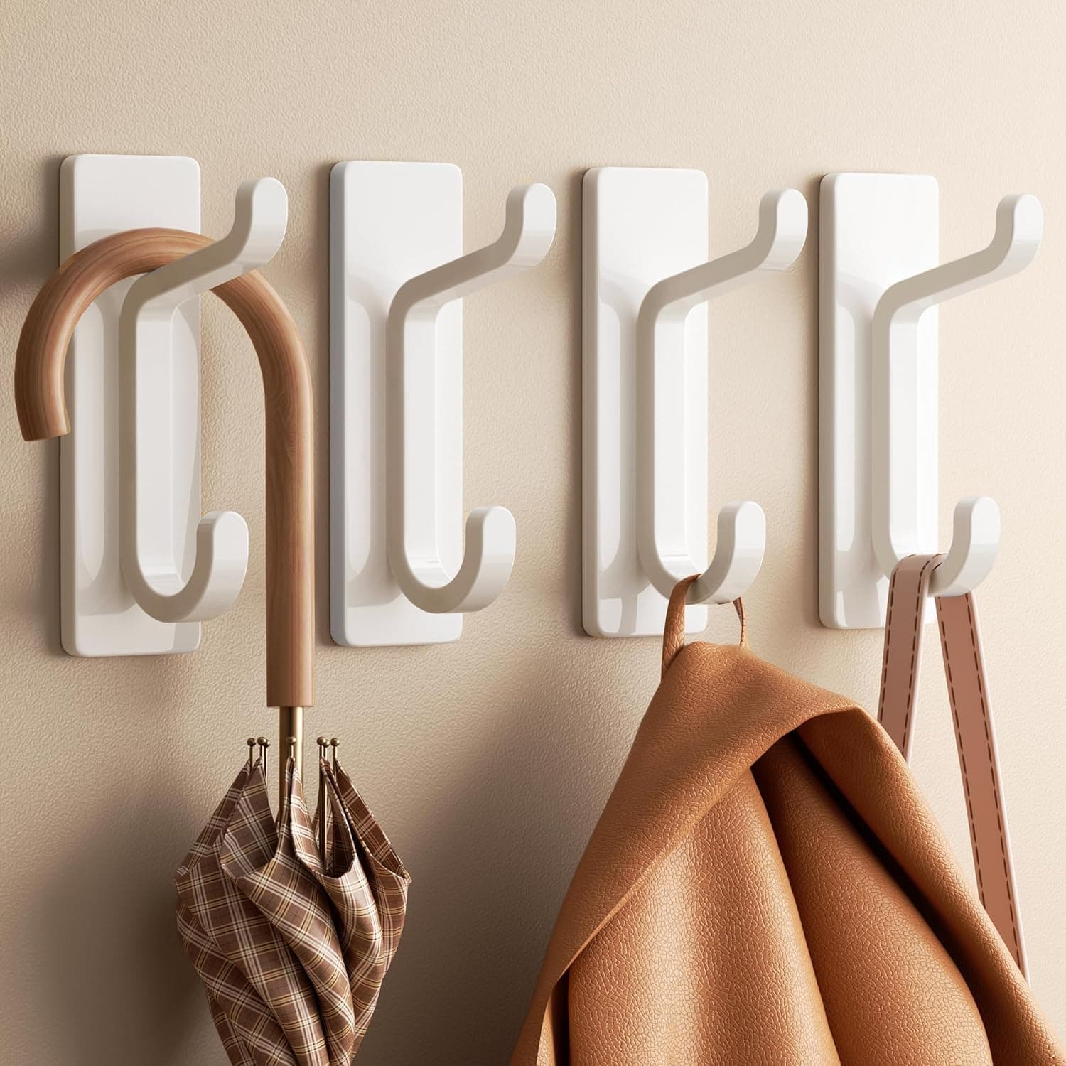 Wall Hooks for Coat and Towel: 13LB Strong Adhesive Door Hanger Stick on, White 4 Pack