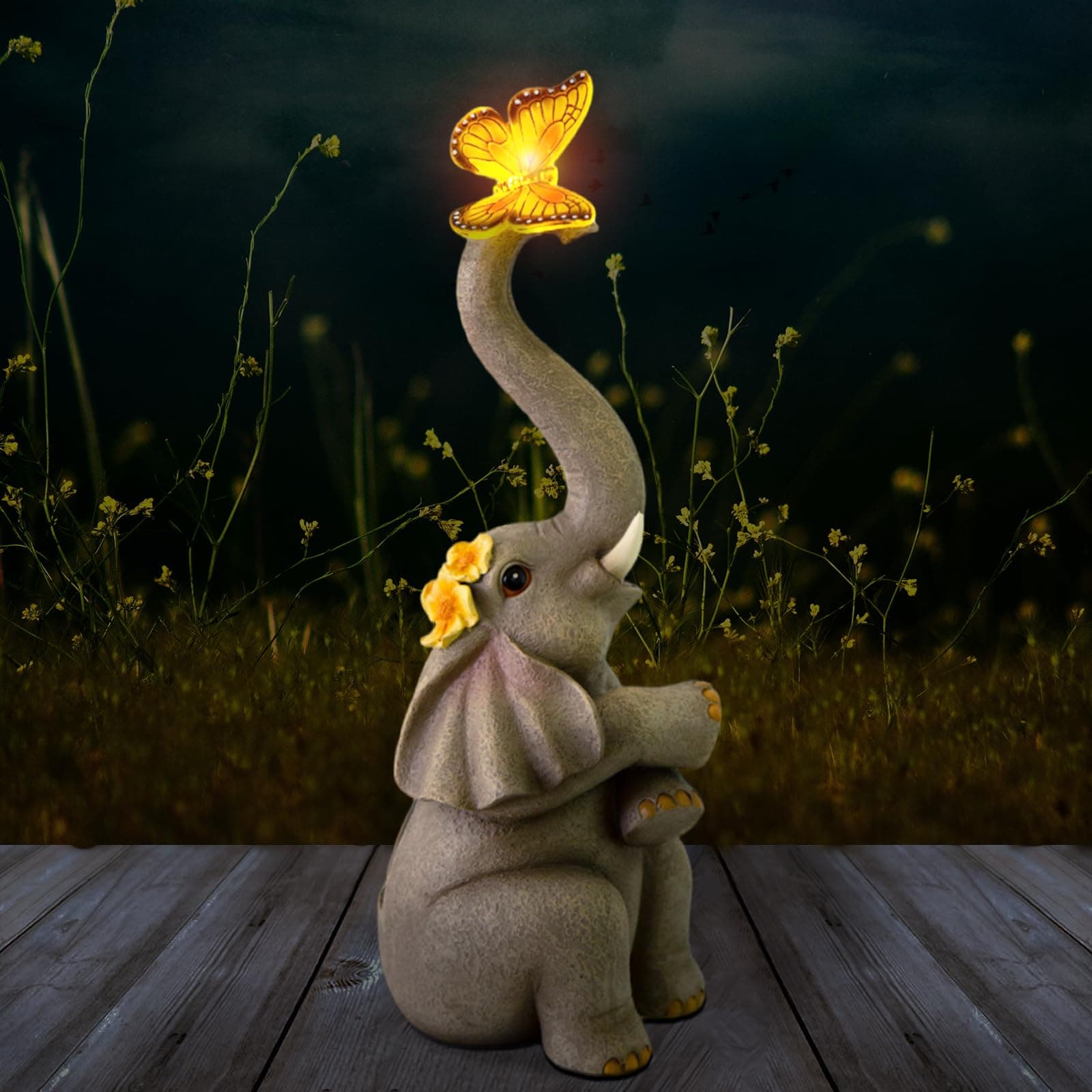 Choies Garden Statues Outdoor Decor, 14.3" Elephant Statue with Solar Butterfly Garden Sculpture for Home Yard Patio Lawn Decorations, Gift for Women Mom Wife