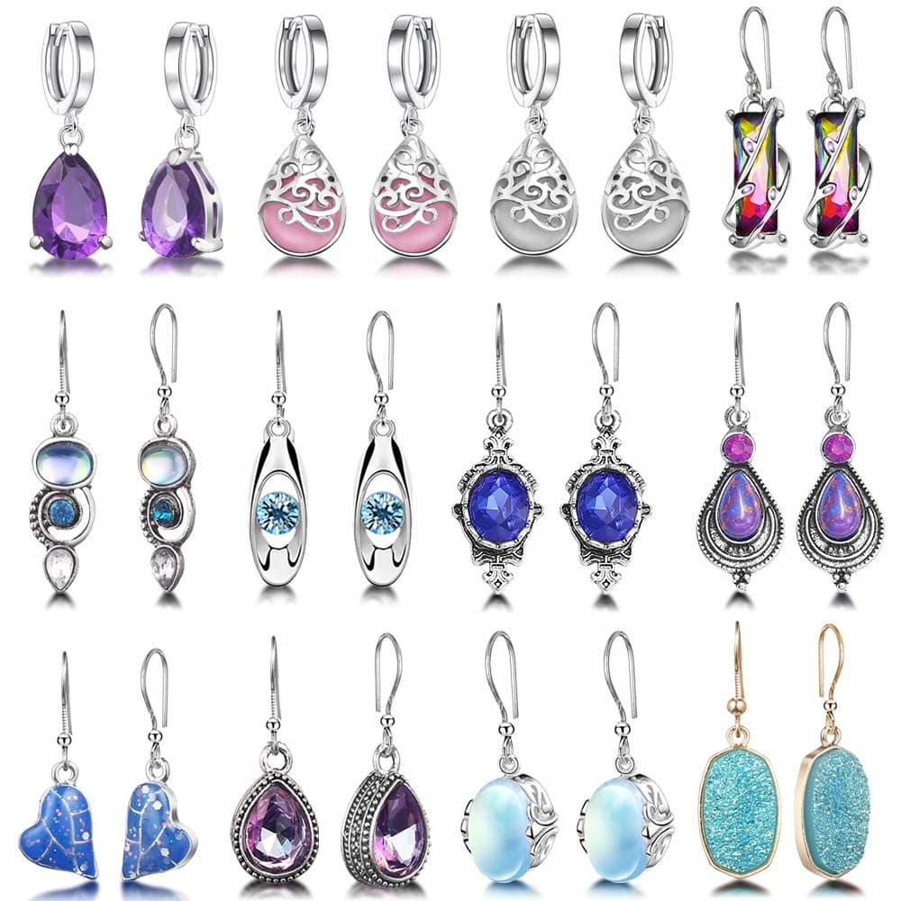 12 Pairs Teardrop Druse Crystal Drop Dangle Earrings for Women Cubic Zirconia Huggie Hoop Earring Jewelry Set Christmas Gifts