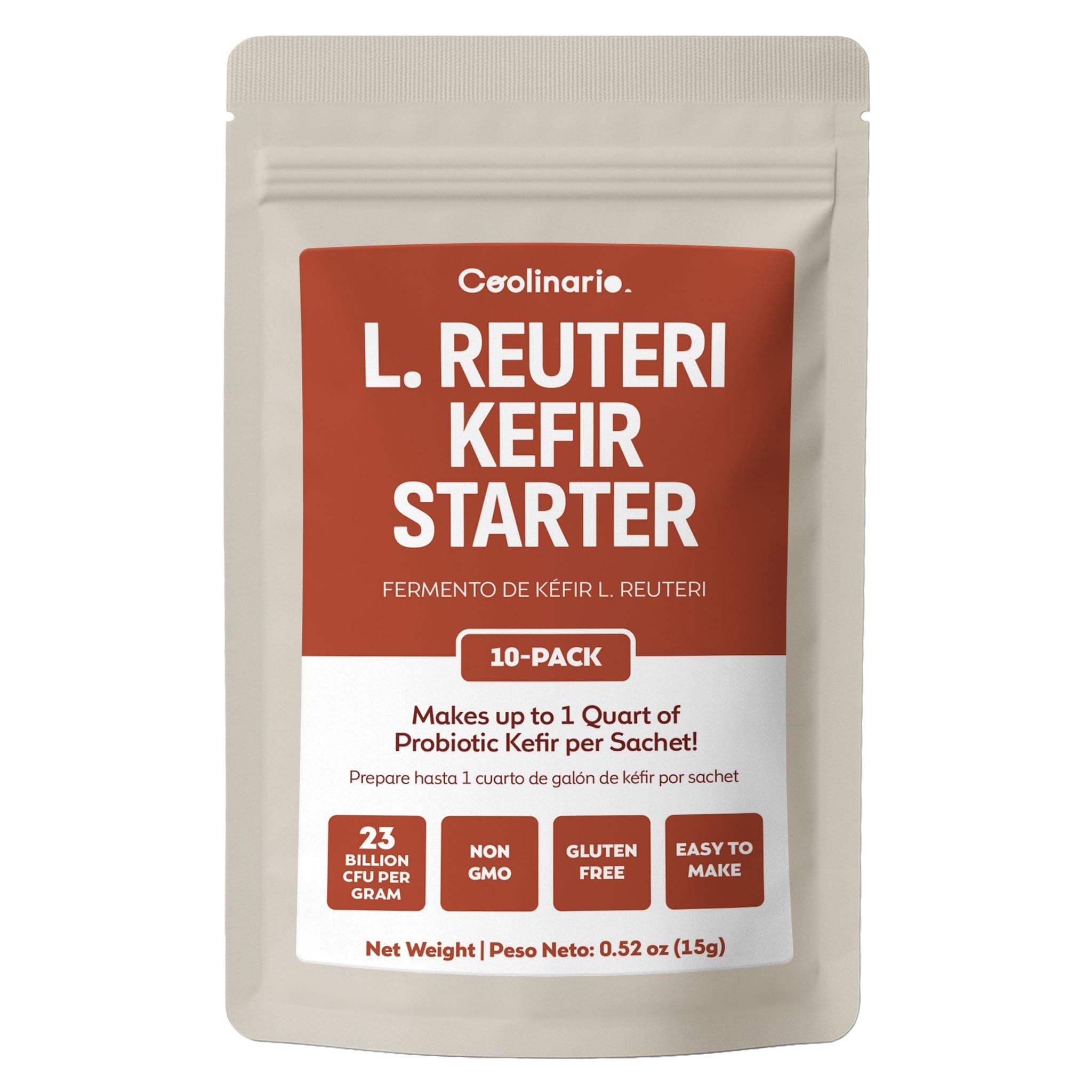 Coolinario L Reuteri Kefir Starter Powder (10-Pack, 1.5g Sachets) Live Kefir Cultures with Lactobacillus Reuteri Probiotics | Creamy & Tangy | Non-GMO, No Preservatives, Gluten Free