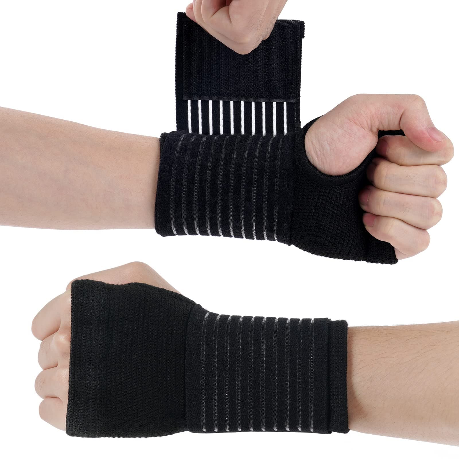 ACWOO Wrist Brace, 2 Pack Elastic Wrist Support with Strap, Wrist Compression Wrap Adjustable Wrist Strap Relieves Wrist Pain, Tendonitis, Sports Use for Men and Women, Right & Left Palm Support Black
