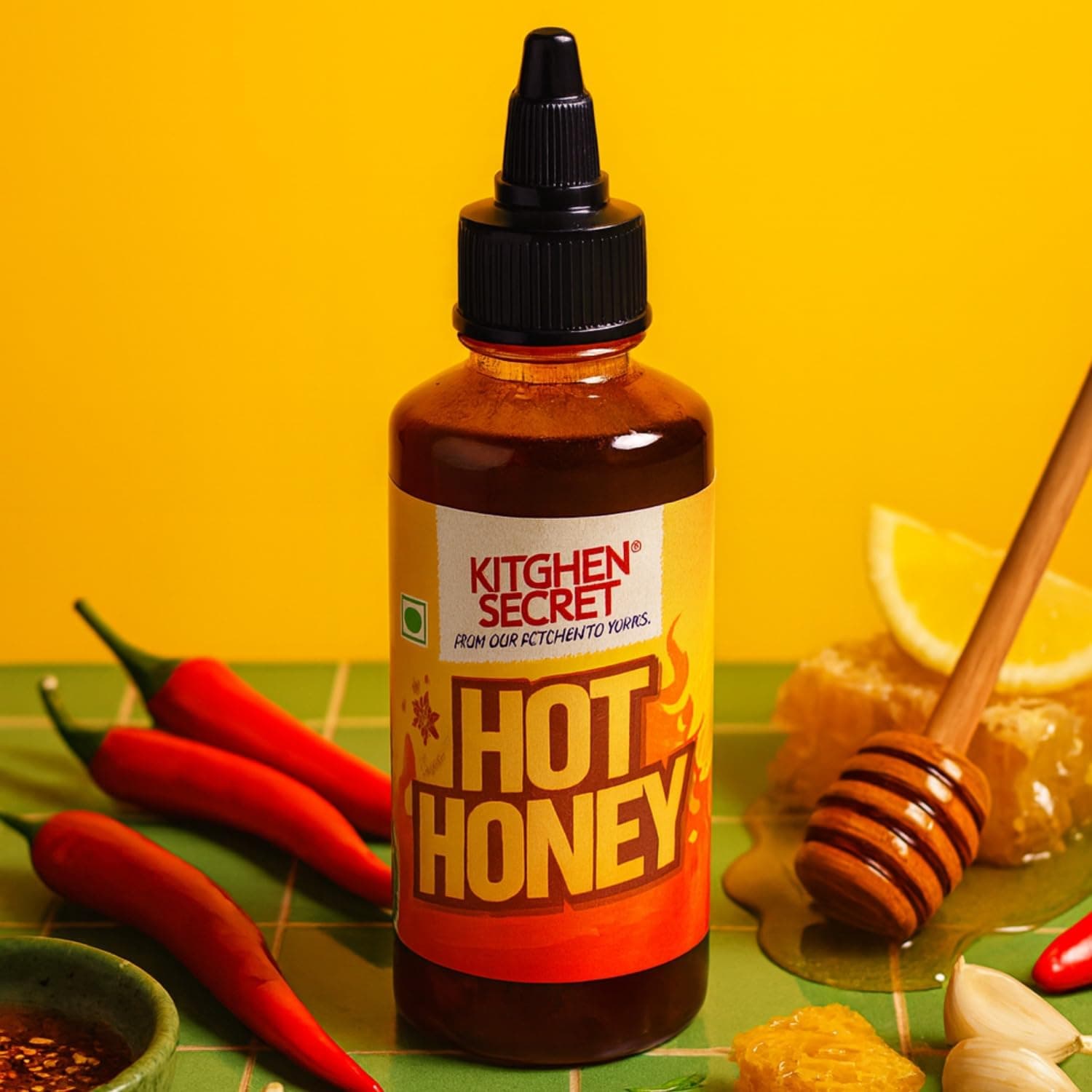 Kitchen Secret Hot Honey - Goodness of Fresh Red Chilli Flakes & Powder, Discover the Perfect Balance of Sweetness & Heat, a Healthy Fusion, Tangy Twist Hot & Spicy - No Preservatives or Additives - 225Gm